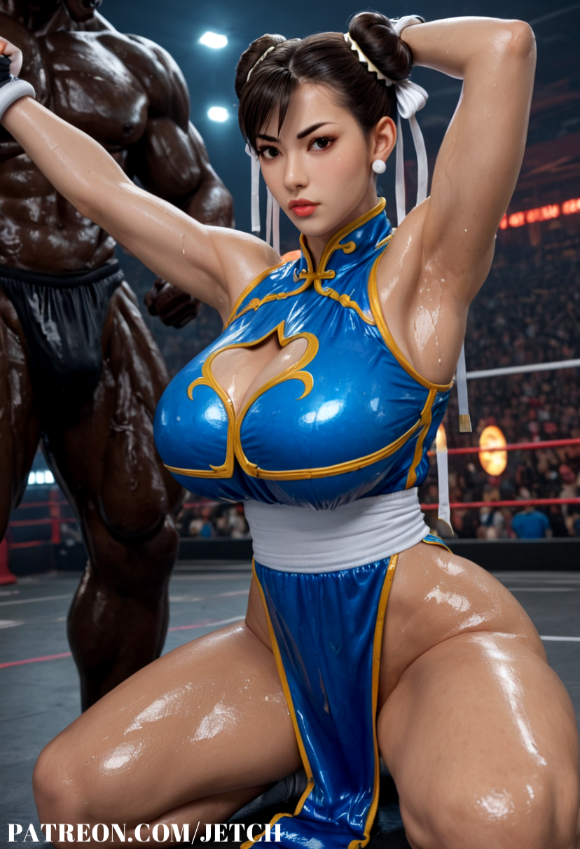 ai_generated big_breasts black_hair capcom chun-li cleavage cleavage_cutout clothed_female cutout dark-skinned_male fight fighting_ring hanging_breasts huge_breasts interracial jetch light-skinned_female massive_breasts oiled oiled_skin pale-skinned_female sagging_breasts short_hair street_fighter street_fighter_6 street_fighter_v white_skin