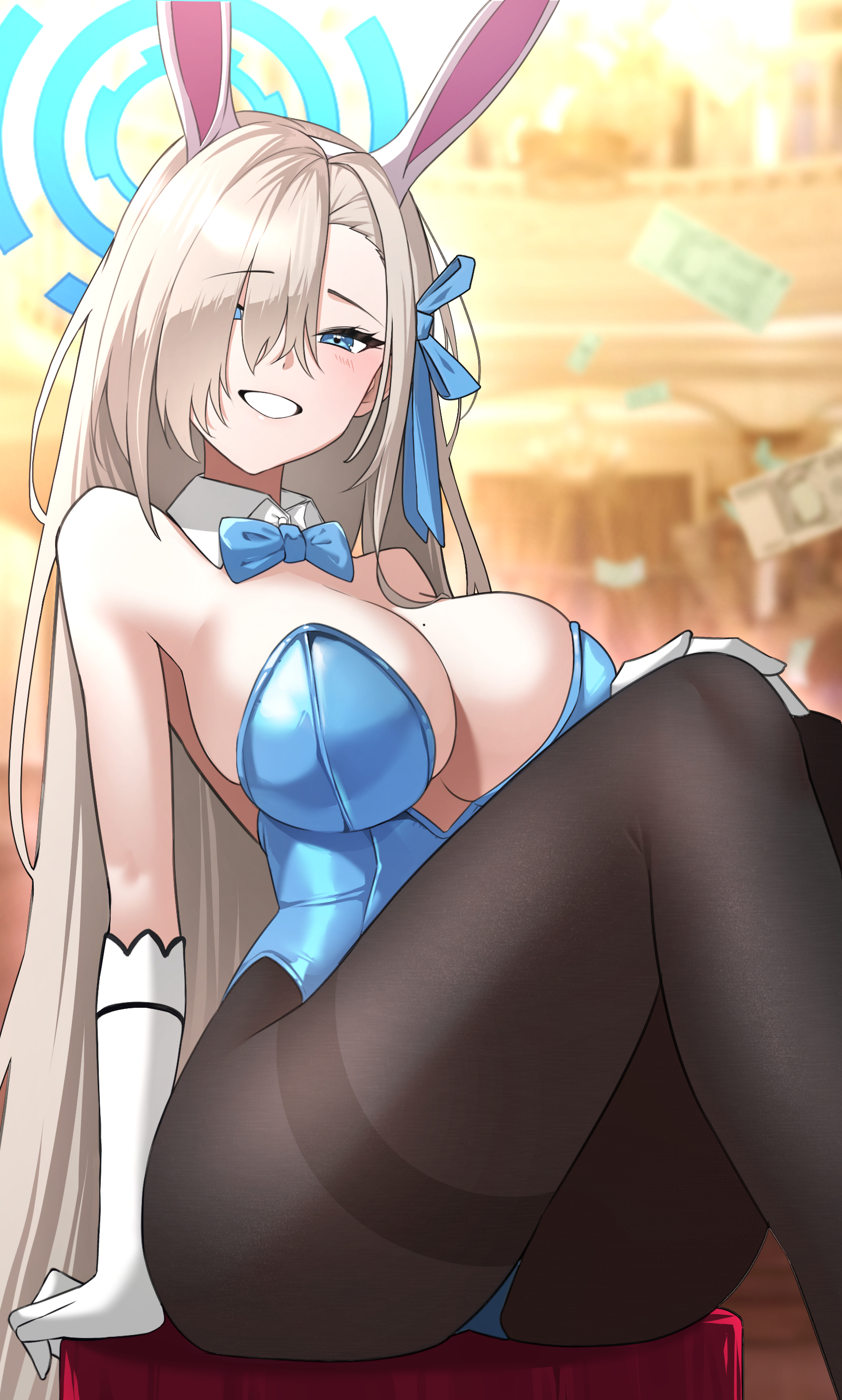 1girls, absurdres, animal ears, asuna (blue archive), asuna (bunny) (blue archive), bare shoulders, black pantyhose, blue archive, blue bow, blue bowtie, blue eyes, blue halo, blue leotard, blue ribbon, blush, bow, bowtie, breasts, cleavage, commentary, detached collar, dori (choejeongmin7), fake animal ears, feet out of frame, female, gloves, grin, hair over one eye, hair ribbon, halo, highres, large breasts, leotard, light brown hair, long hair, looking at viewer, official alternate costume, pantyhose, rabbit ears, ribbon, sitting, smile, solo, strapless, strapless leotard, thick thighs, thighs, white gloves