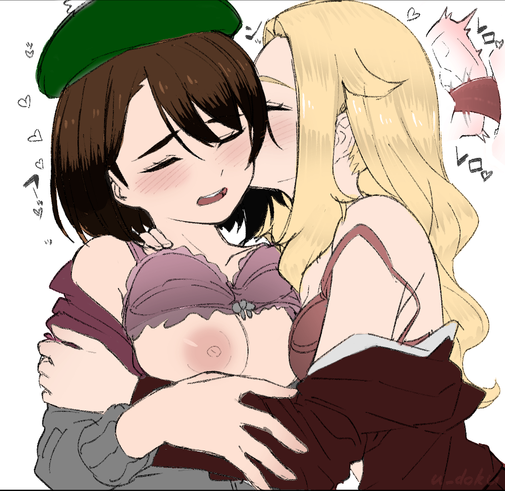 2girls blonde_hair bra breasts_out brown_hair closed_eyes gloria_(pokemon) lass_(pokemon) licking licking_ear npc_trainer open_mouth pokemon pokemon_ss tongue tongue_in_ear u-doku