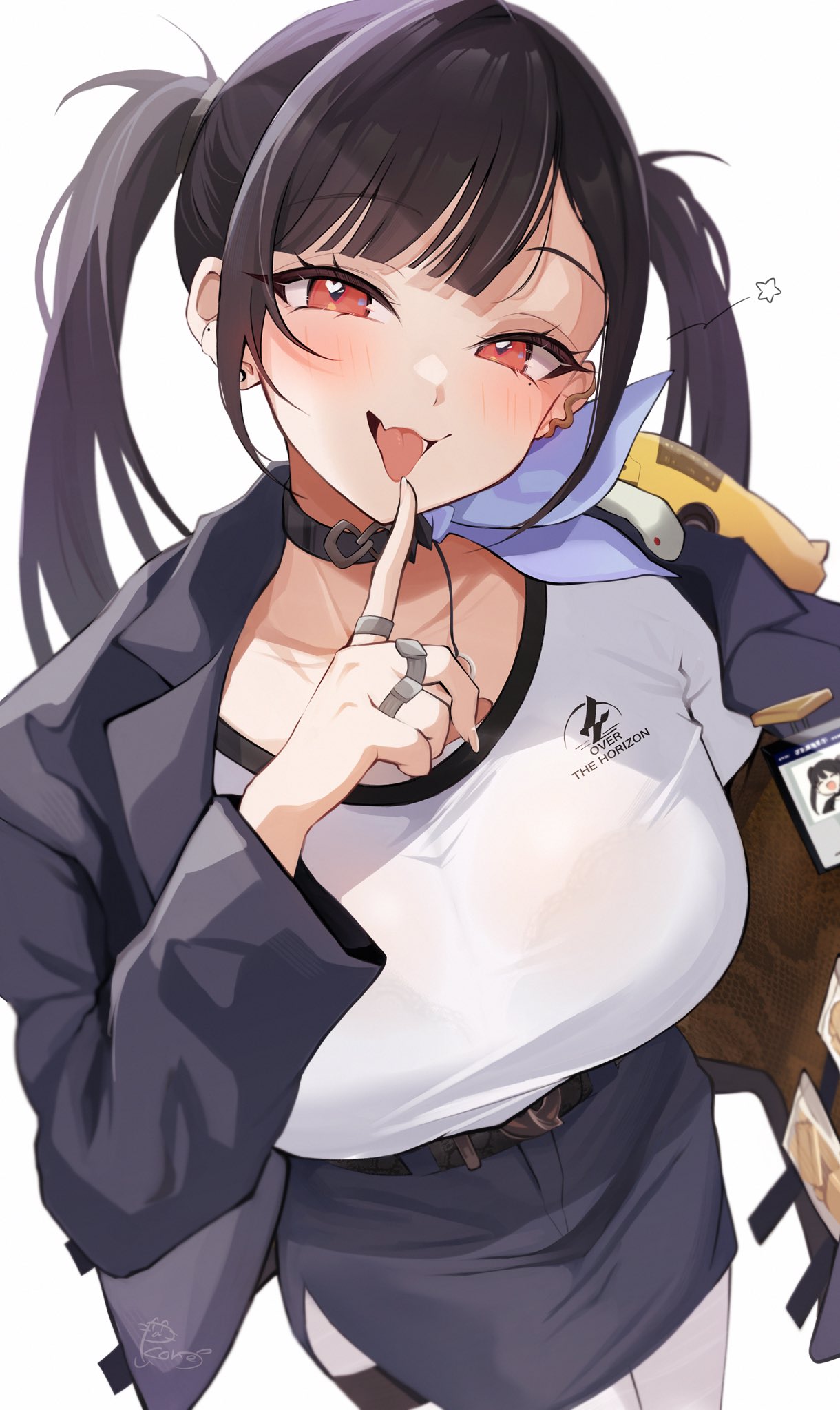 1girls belt black_belt black_choker black_hair blue_jacket blush bra_visible_through_clothes breasts choker female goddess_of_victory:_nikke highres jacket jewelry large_breasts looking_at_viewer open_clothes open_jacket open_mouth pantyhose pukonuu red_eyes ring simple_background smile solo sora_(nikke) tongue tongue_out twintails white_background white_pantyhose