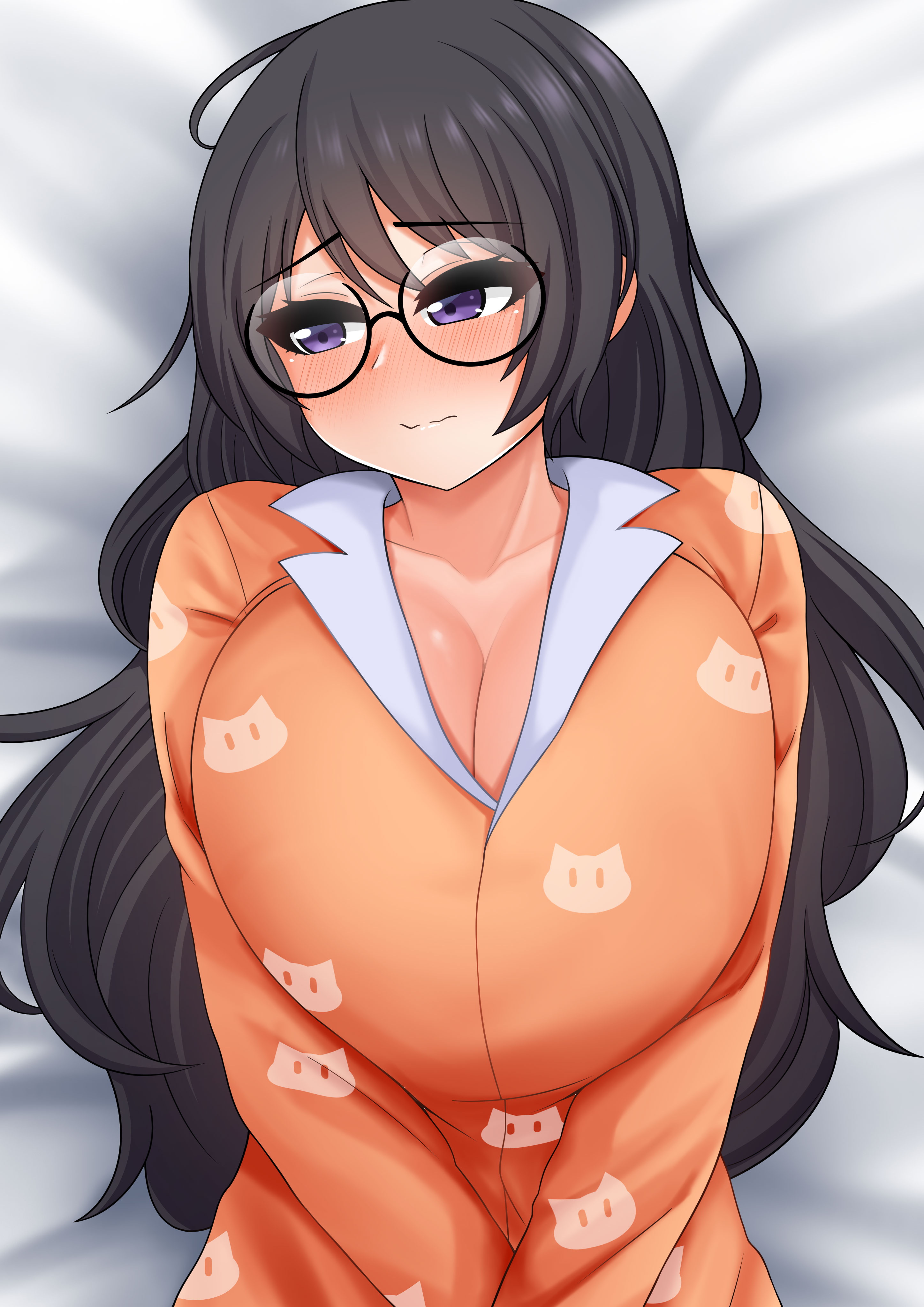 absurdres, animal print, bakemonogatari, black hair, blush, breasts, cat print, cleavage, collarbone, female, glasses, hair ornament, hanekawa tsubasa, highres, large breasts, long hair, looking at viewer, lying, monogatari (series), orange pajamas, pajamas, parted lips, print pajamas, purple eyes, solo, the only shoe