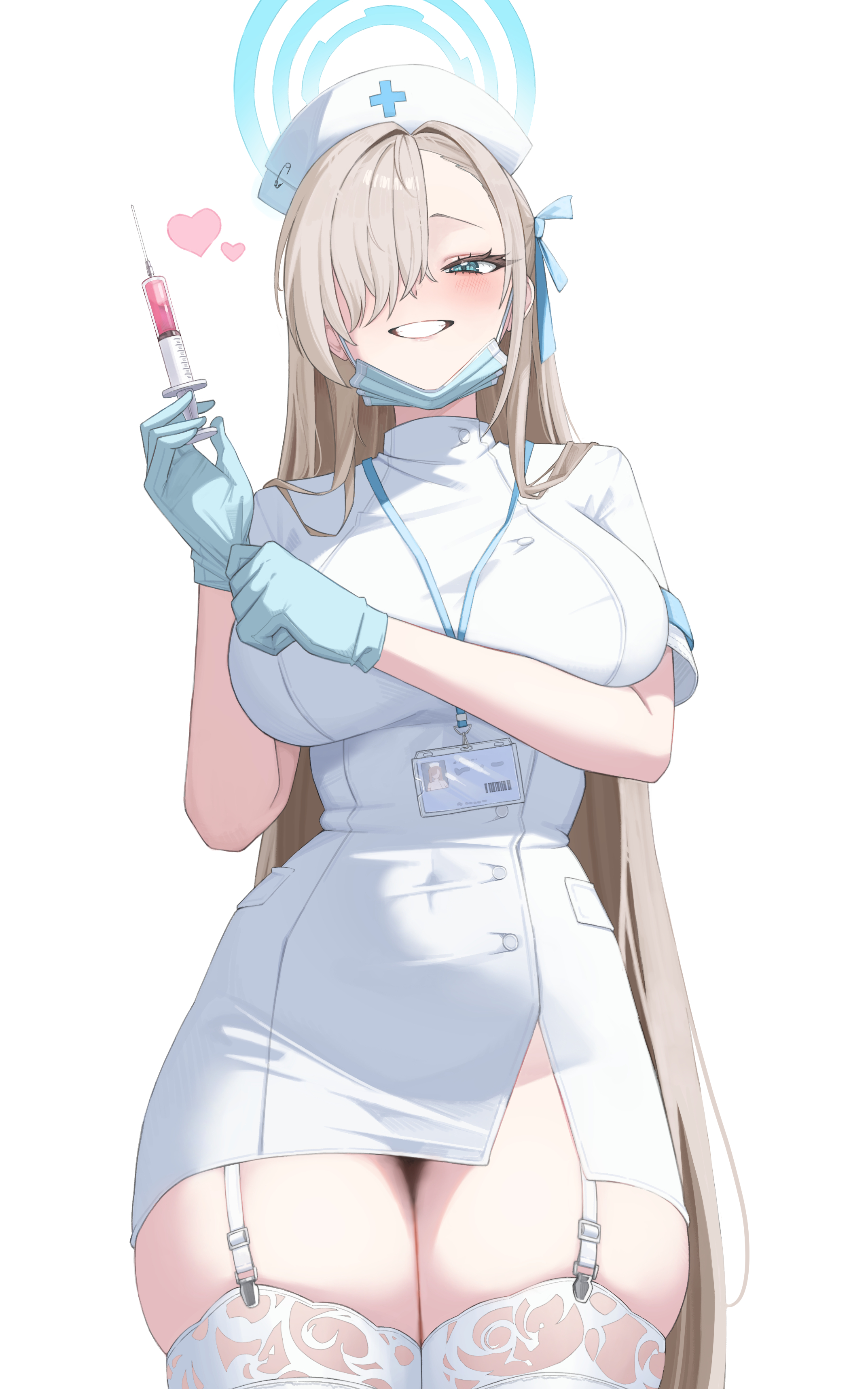 1girls, absurdres, asuna (blue archive), blonde hair, blue archive, blue halo, breast press, breasts, cowboy shot, dori (choejeongmin7), female, garter straps, gloves, grin, halo, hat, highres, large breasts, nurse, nurse cap, simple background, smile, solo, teeth, thick thighs, thighhighs, thighs, white background, white garter straps, white thighhighs