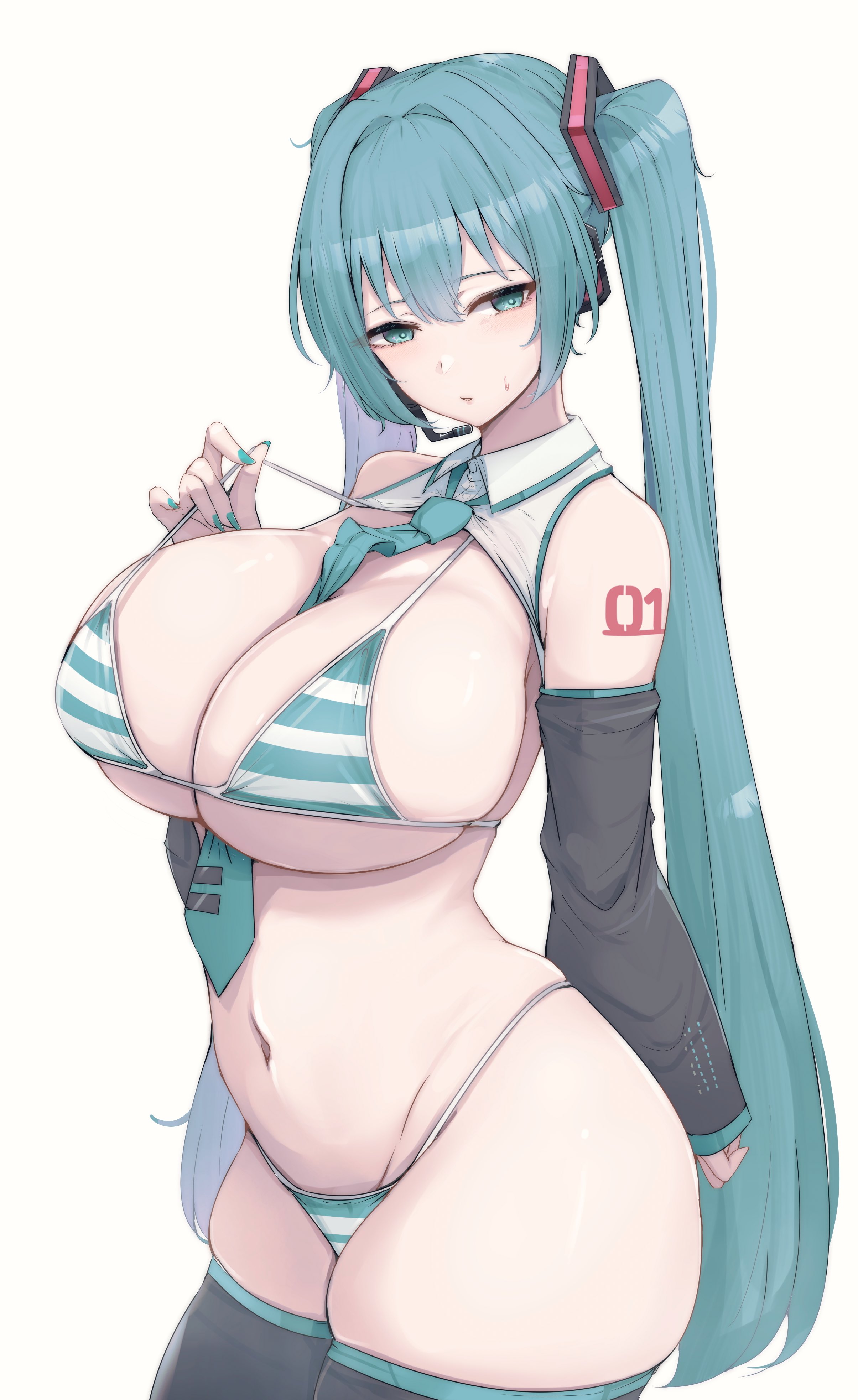 1girl, 1girls, absurdres, adapted costume, alternate breast size, aqua bikini, aqua eyes, aqua hair, aqua nails, aqua necktie, arm tattoo, between breasts, bikini, bikini under clothes, black thighhighs, blush, breasts, cleavage, commentary, cowboy shot, detached sleeves, expressionless, female, hair intakes, hair ornament, hatsune miku, hatsune miku (collared bikini), headset, highres, huge breasts, human female, large breasts, long hair, looking at viewer, meme attire, miku collar bikini, nail polish, navel, necktie, necktie between breasts, number tattoo, pale skin, pale-skinned female, parted lips, ryuu., shrug (clothing), simple background, skindentation, solo, standing, strap pull, string bikini, striped, striped bikini, striped clothes, sweatdrop, swimsuit, tattoo, thick thighs, thighhighs, thighs, twintails, very long hair, vocaloid, white background, white bikini, wing collar