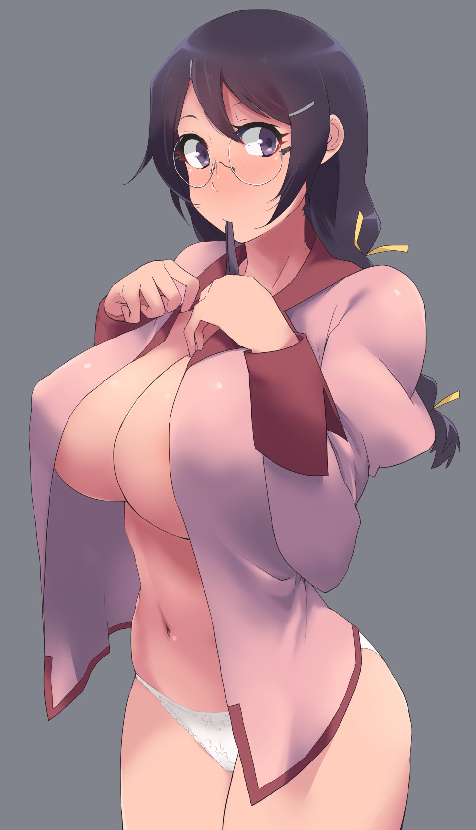 bakemonogatari, black hair, blush, braid, breasts, female, female focus, glasses, grey background, hanekawa tsubasa, highres, huge breasts, long hair, minakami, minakami (flyingman555), monogatari (series), mouth hold, panties, purple eyes, purple hair, school uniform, shiny skin, solo, standing, twin braids, underwear, white panties