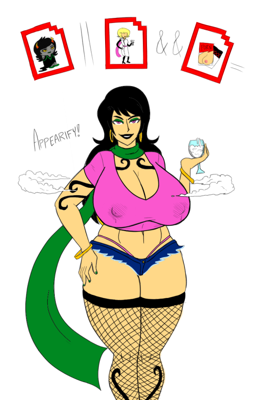 2girls big_breasts black_hair black_lips black_lipstick breasts cum cum_drinking cum_in_container cum_in_glass female fishnet fusion green_lipstick green_nails homestuck horns huge_breasts lactation large_breasts long_hair milf mindwipe mom_lalonde ms_paint_adventures no_bra pink_eyes planetofjunk porrim_maryam scarf short_hair short_shorts skimpy tattoos text thong transformation troll white_background white_skin yellow_eyes