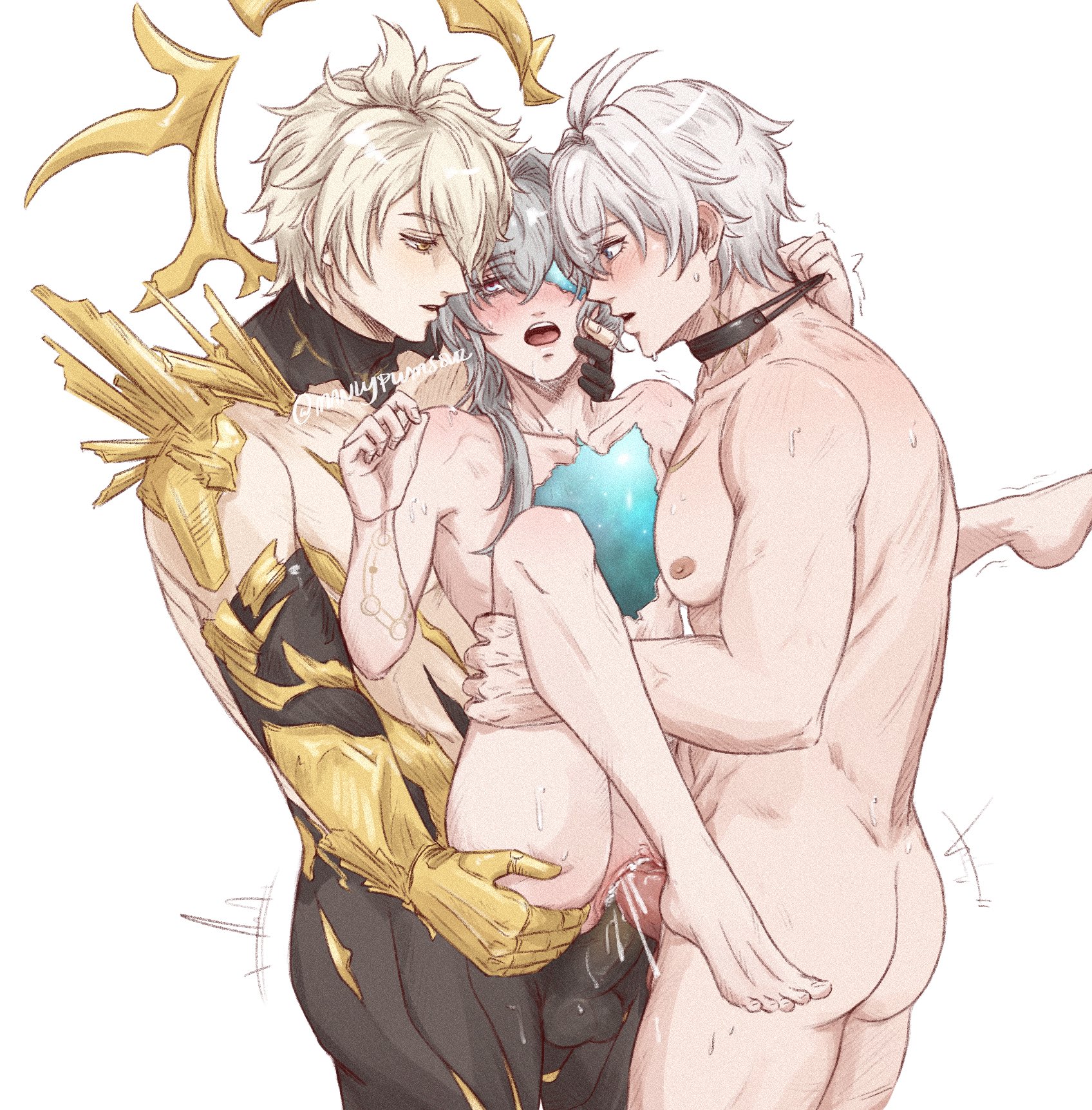 3boys, anaxa (honkai: star rail), blush, cum in pussy, cuntboy, cuntboy/male, double penetration, gay, gay sex, hole in chest, honkai (series), honkai: star rail, hoyoverse, intersex, male, male only, male penetrating male, male/male, mihoyo, phainon (honkai: star rail), pussy, sandwich position, size difference, threesome, toned, toned male, yaoi