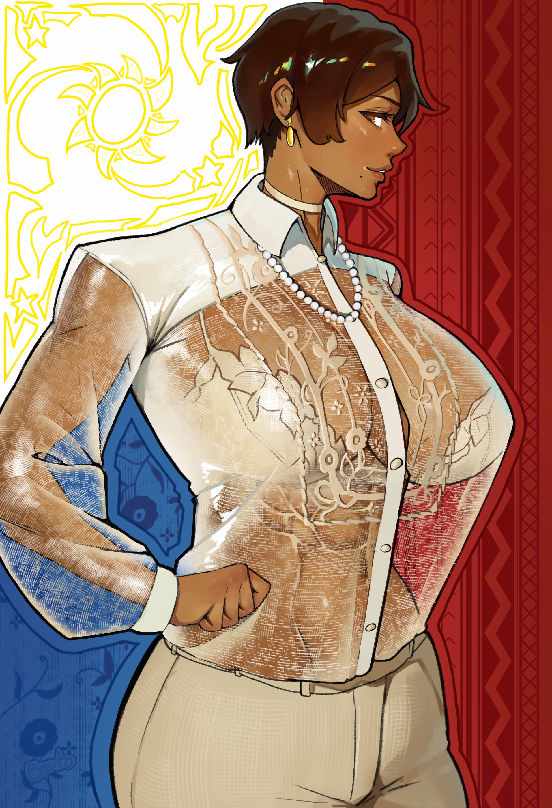 1girls, barong (clothing), beauty mark, beuto, big breasts, breasts, brown eyes, brown hair, business attire, button down shirt, dark skin, dark-skinned female, female, female only, filipino female, hand on hip, huge breasts, mole, mole under mouth, original, original character, pearl necklace, philippine flag, see-through, see-through clothing, see-through top, short hair, side view, solo, solo female, toned, toned female, view from the side