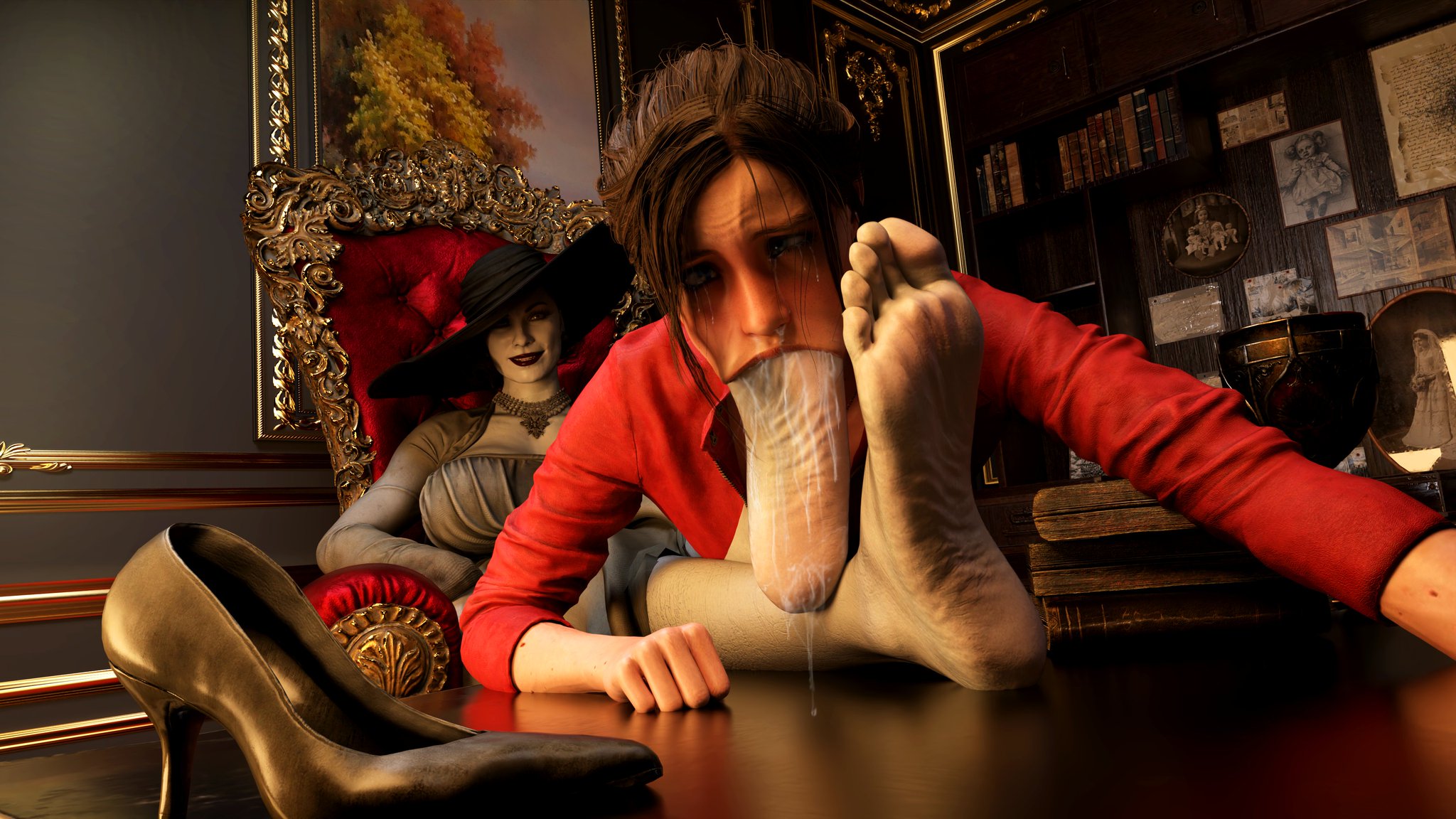 2girls, 3d, alcina dimitrescu, big breasts, breasts, busty, claire redfield, drooling, feet, feet worship, female, female only, female/female, foot fetish, foot worship, hat, high heels, light skin, light-skinned female, pale skin, pale-skinned female, resident evil, resident evil 2, resident evil 8: village, sitting on chair, sucking, sucking feet, sucking toes, yuri