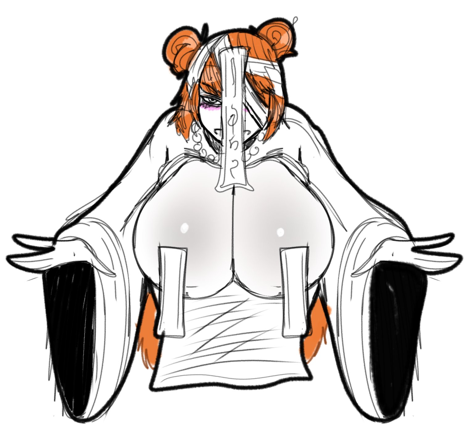 1girls, acubedpersonoid, breasts, breasts out, e.g.o (project moon), female, huge breasts, ishmael (limbus company), limbus company, orange hair, project moon, talisman, talisman pasties
