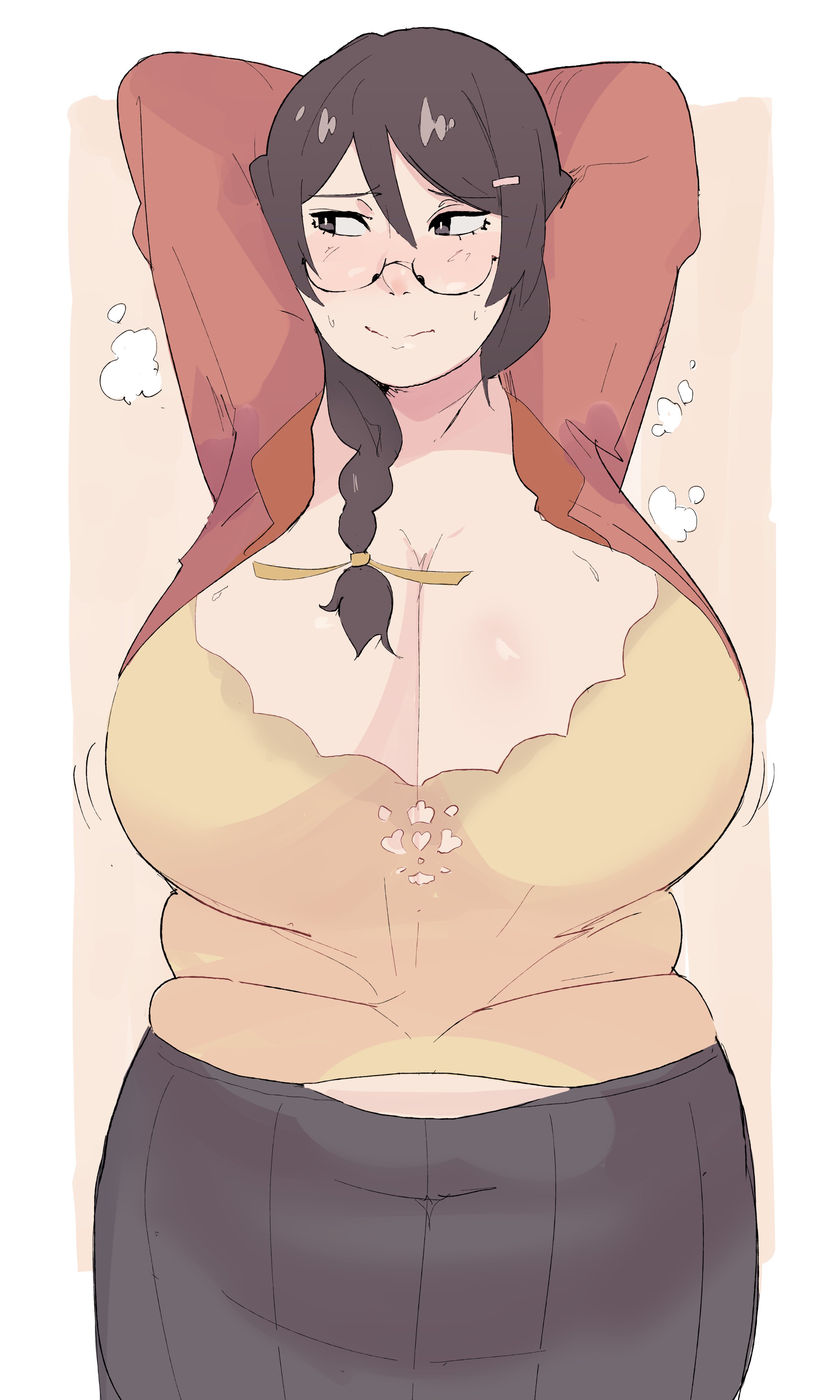 1girls, absurdres, arms up, black hair, black skirt, blush, braid, breasts, cleavage, fat, fat woman, female, female only, glasses, hanekawa tsubasa, highres, huge breasts, large breasts, long hair, monogatari (series), naoetsu high school uniform, napolitane, navel, nervous smile, open clothes, open shirt, pink shirt, plump, school uniform, semi-rimless eyewear, shirt, simple background, skirt, smile, solo, steam, sweat, sweat stain, sweaty clothes, twin braids, under-rim eyewear