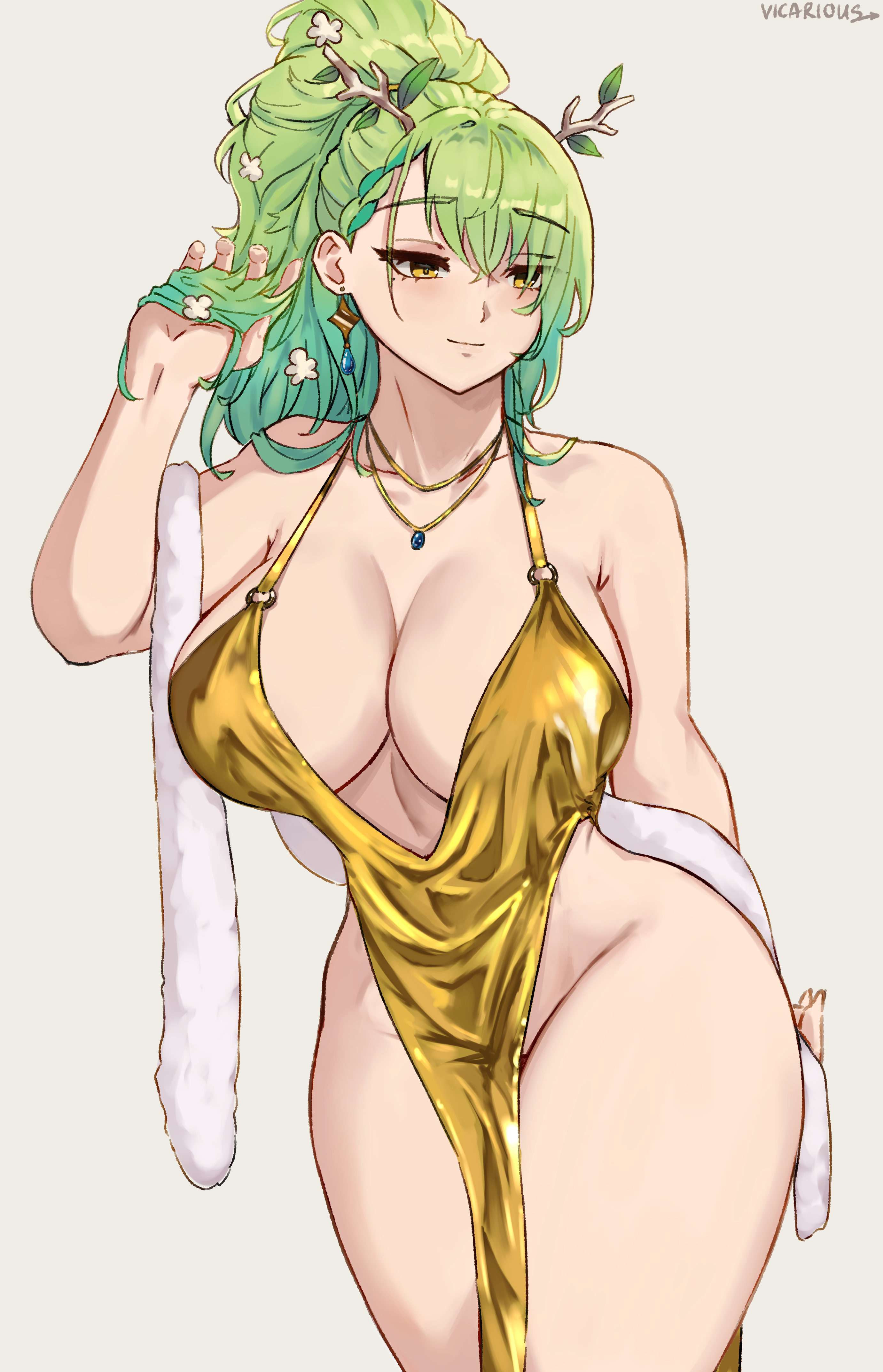 absurdres, alternate costume, alternate hairstyle, antlers, artist name, bare shoulders, bow, bowtie, braid, breasts, ceres fauna, cleavage, closed mouth, cocktail dress, collarbone, cowboy shot, dress, earrings, female, gold dress, grey background, groin, hand in own hair, hand up, highres, hip cleavage, hololive, hololive english, hololive english -council-, hololive english -promise-, horns, jewelry, large breasts, long hair, looking to the side, no panties, pelvic curtain, plunging neckline, ponytail, shawl, simple background, sleeveless, sleeveless dress, smile, solo, vicarious, vicarious (vicillust), virtual youtuber, wide hips, yellow dress