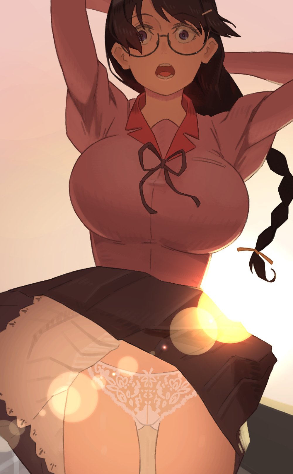 arms up, backlighting, bad id, bad twitter id, bakemonogatari, black hair, braid, breasts, female, frilled panties, frills, glasses, hanekawa tsubasa, highres, large breasts, light rays, long hair, low-tied long hair, monogatari (series), naoetsu high school uniform, niwatori5948, open mouth, panties, school uniform, skirt, solo, sunlight, underwear, white panties, wind, wind lift