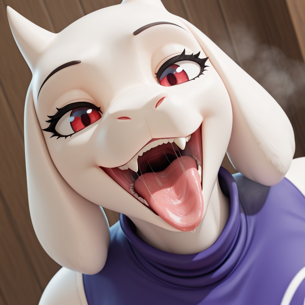 1anthro, 1girls, 3d, 3d (artwork), ai generated, anthro, anthro female, anthro focus, anthro milf, anthro only, black pupils, civitai, close up, close up face, close up view, close-up, closeup, closeup view, coloredbin ai, coloredbin.ai, dress, droopy ears, dutch angle, face close up, face close-up, face closeup, face focus, female, female anthro, female focus, female only, front view, front view focus, goat, goat girl, goat horns, horns, hot breath, indoors, large ears, looking at viewer, mature female, mature woman, maw, mawshot, milf, mouth close up, mouth close-up, mouth closeup, mouth focus, older female, open mouth, open mouth tongue out, open mouth tongue-out, purple dress, red eyes, saliva, saliva on tongue, saliva string, seductive, seductive mouth, sharp teeth, side view, sleeveless, smile, smiling at viewer, solo, solo anthro, solo female, solo focus, steam, tongue, tongue out, tongue out open mouth, toriel, turtleneck, turtleneck dress, undertale, undertale (series), white body, white skin, white sleeves