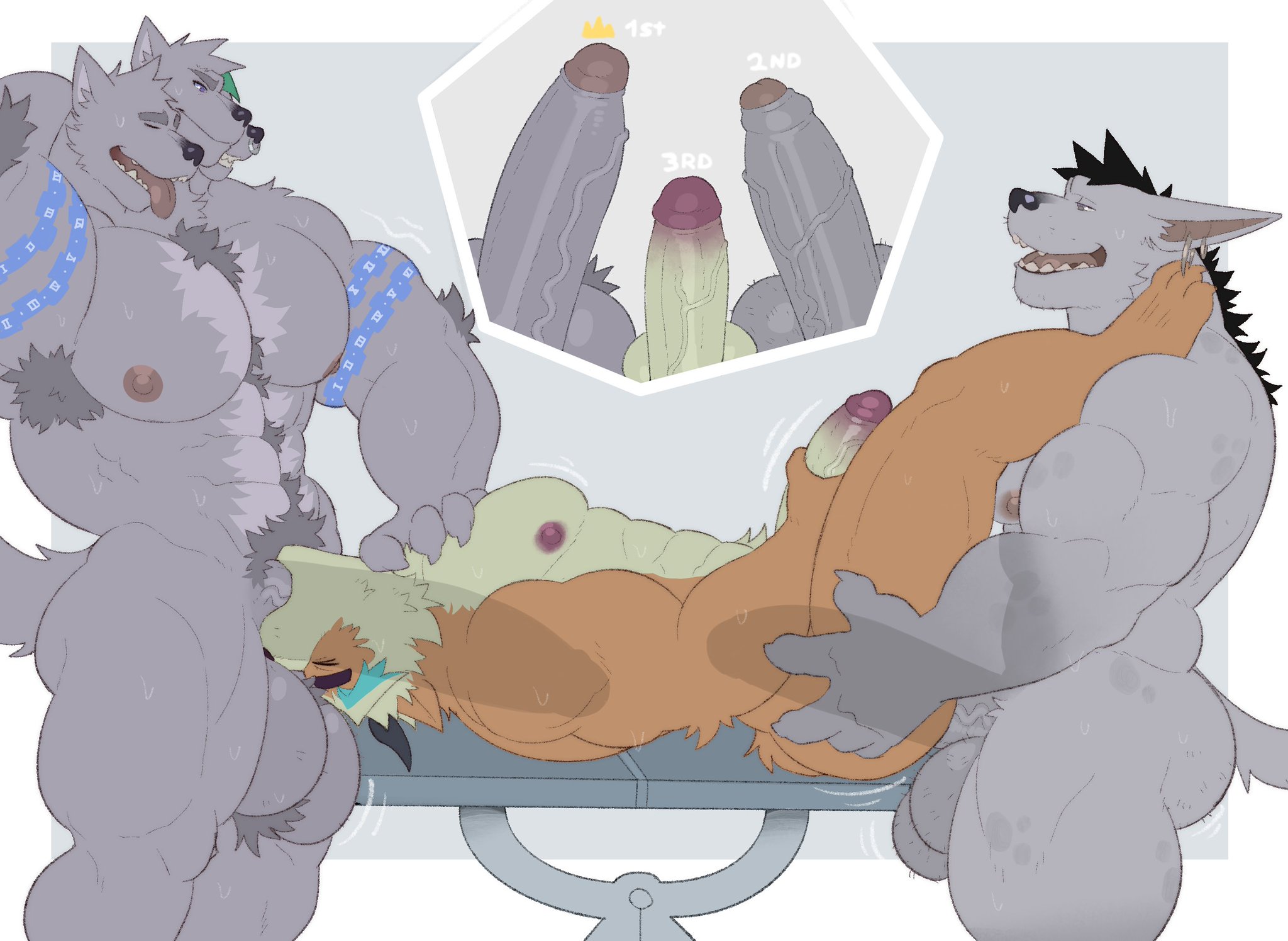 abs, anal, anal sex, anthro, armpit hair, balls, bara, big balls, big penis, blowjob, boner, brown fur, canid, canine, cerberus, deepthroat, erection, fleshformomo, foreskin, fur, furry, gay, grey fur, huge balls, huge cock, humanoid penis, hyena, male, male only, male/male, momo (fleshformomo), muscles, muscular, muscular male, nude, oral, pecs, penis, penis size difference, sex, sweat, sweating, threesome, tongue, tongue out, uncircumcised, x-ray, yaoi