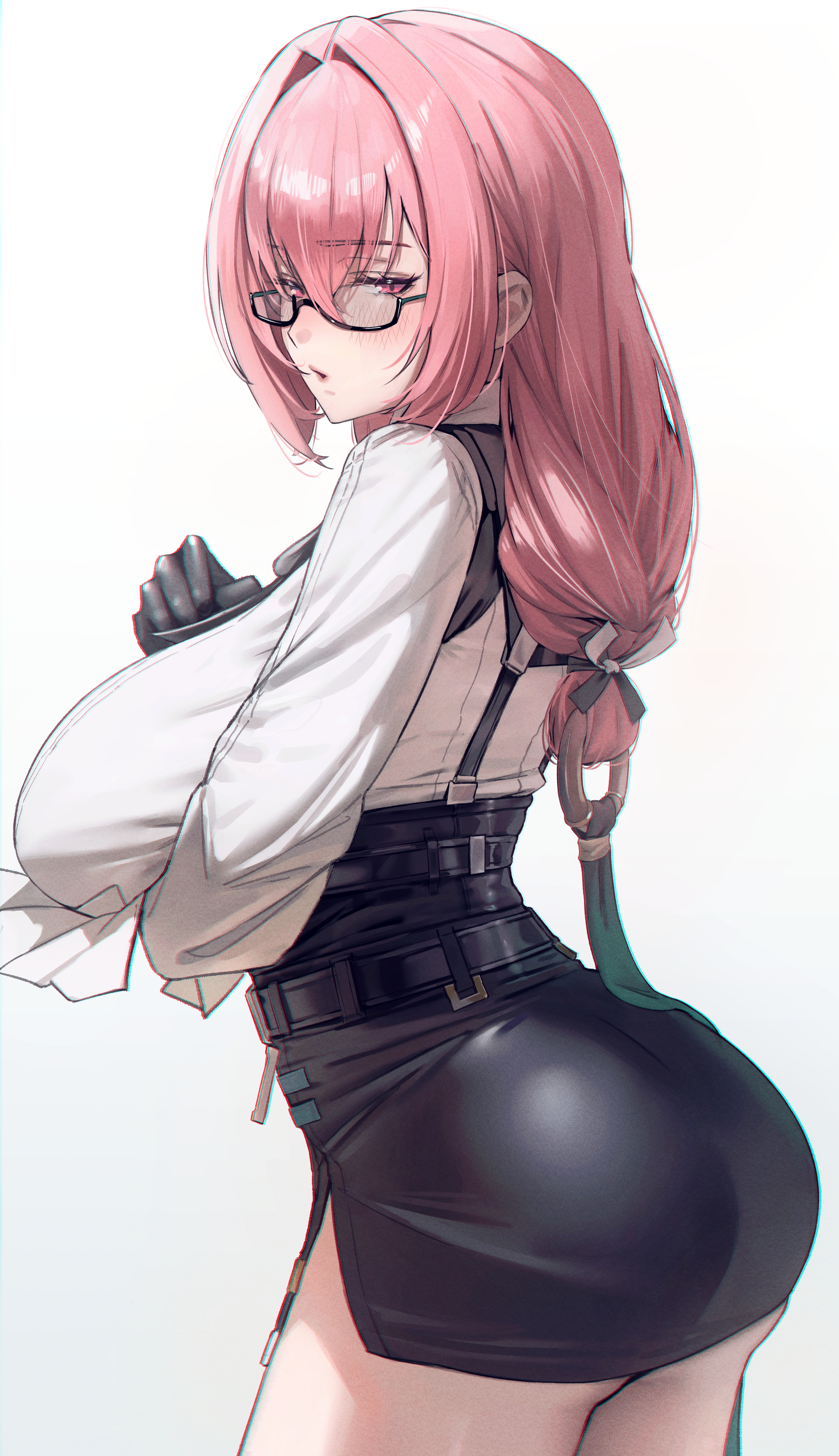 1girls, absurd res, absurdres, arm under breasts, ass, back view, belt, big ass, big breasts, black belt, black gloves, black skirt, blouse, breasts, collared blouse, collared shirt, cowboy shot, eyelashes, eyeliner, female, female only, frills, glasses, gloves, hi res, highres, jindogod, large ass, large breasts, lipstick, long hair, makeup, miniskirt, pencil skirt, pink eyes, pink hair, ribbon, shirt, short skir, side slit, side view, simple background, skirt, solo, taut clothes, taut skirt, tsukishiro yanagi, white shirt, zenless zone zero