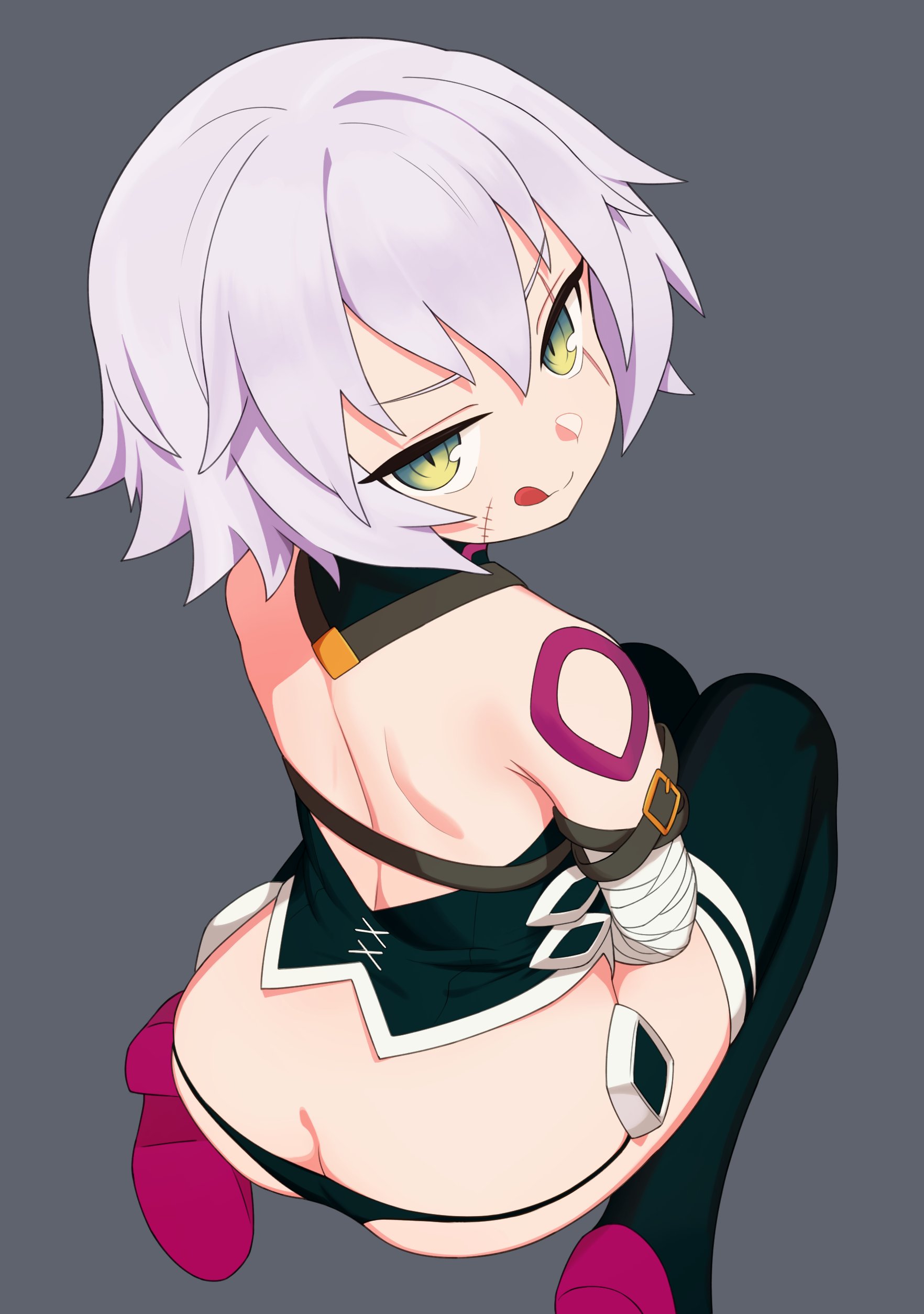 1girls, ass, ass crack, ass focus, backless outfit, boots, butt crack, fate (series), female, green eyes, jack the ripper (fate/apocrypha), licking lips, mikoscrub, on knees, panties, scar, slit pupils, solo, tongue, tongue out, white hair