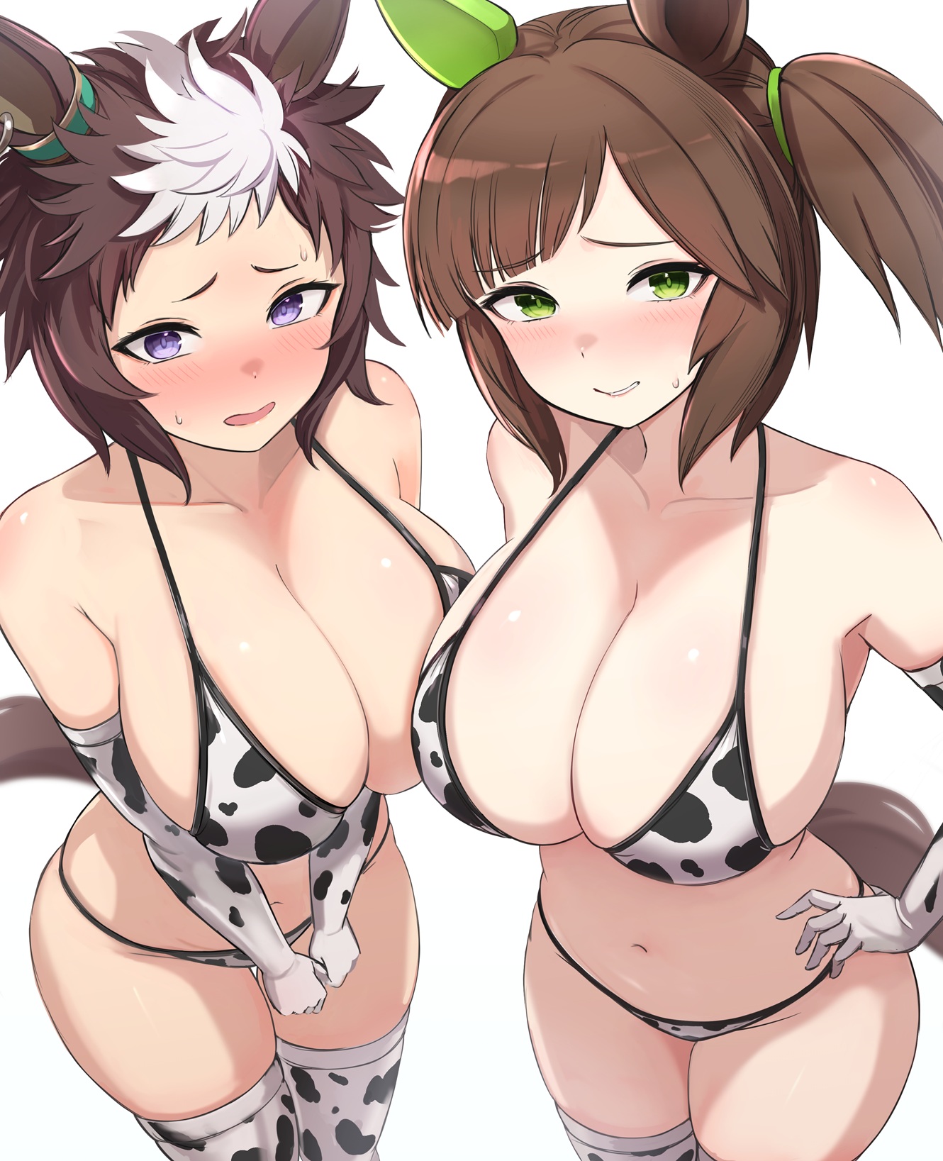 big breasts, bikini, blush, breasts, brown hair, cleavage, cow print, cow print bikini, cow print thighhighs, embarrassed, enumiyan, female, freckles, green eyes, high-angle view, horse ears, horse girl, huge breasts, ines fujin (umamusume), light skin, light-skinned female, looking at viewer, mejiro ryan (umamusume), pale skin, pale-skinned female, ponytail, purple eyes, short hair, side ponytail, sweat, thighhighs, tomboy, two-tone hair, umamusume, umamusume pretty derby