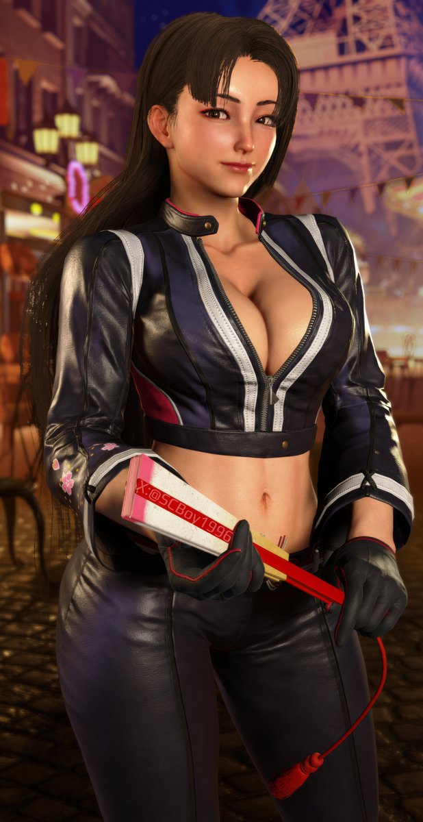 1girls, 3d, alternate hairstyle, black jacket, black pants, breasts, brown eyes, brown hair, cleavage, collarbone, fatal fury, fatal fury: city of the wolves, female, female focus, female only, game screenshot, holding fan, king of fighters, large breasts, leather jacket, leather pants, long hair, looking at viewer, mai shiranui, mai shiranui (city of the wolves), mai shiranui (street fighter 6), screenshotboy96, smile, snk, solo, standing, street fighter, street fighter 6