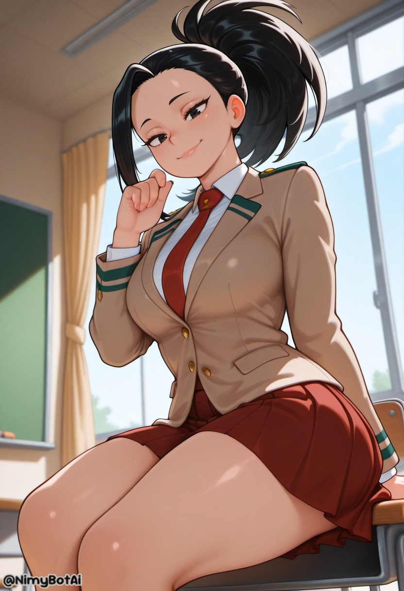ai_generated black_eyes black_hair boku_no_hero_academia breasts chair classroom closed_mouth collared_shirt curtains desk female hair_pulled_back hand_up high_resolution highres indoors jacket large_breasts long_hair long_sleeves looking_at_viewer my_hero_academia necktie nimybotai on_desk pleated_skirt ponytail red_necktie red_skirt school_desk school_uniform shirt sitting skirt smile solo stable_diffusion thick_thighs thighs twitter_username u.a._school_uniform white_shirt window yaoyorozu_momo