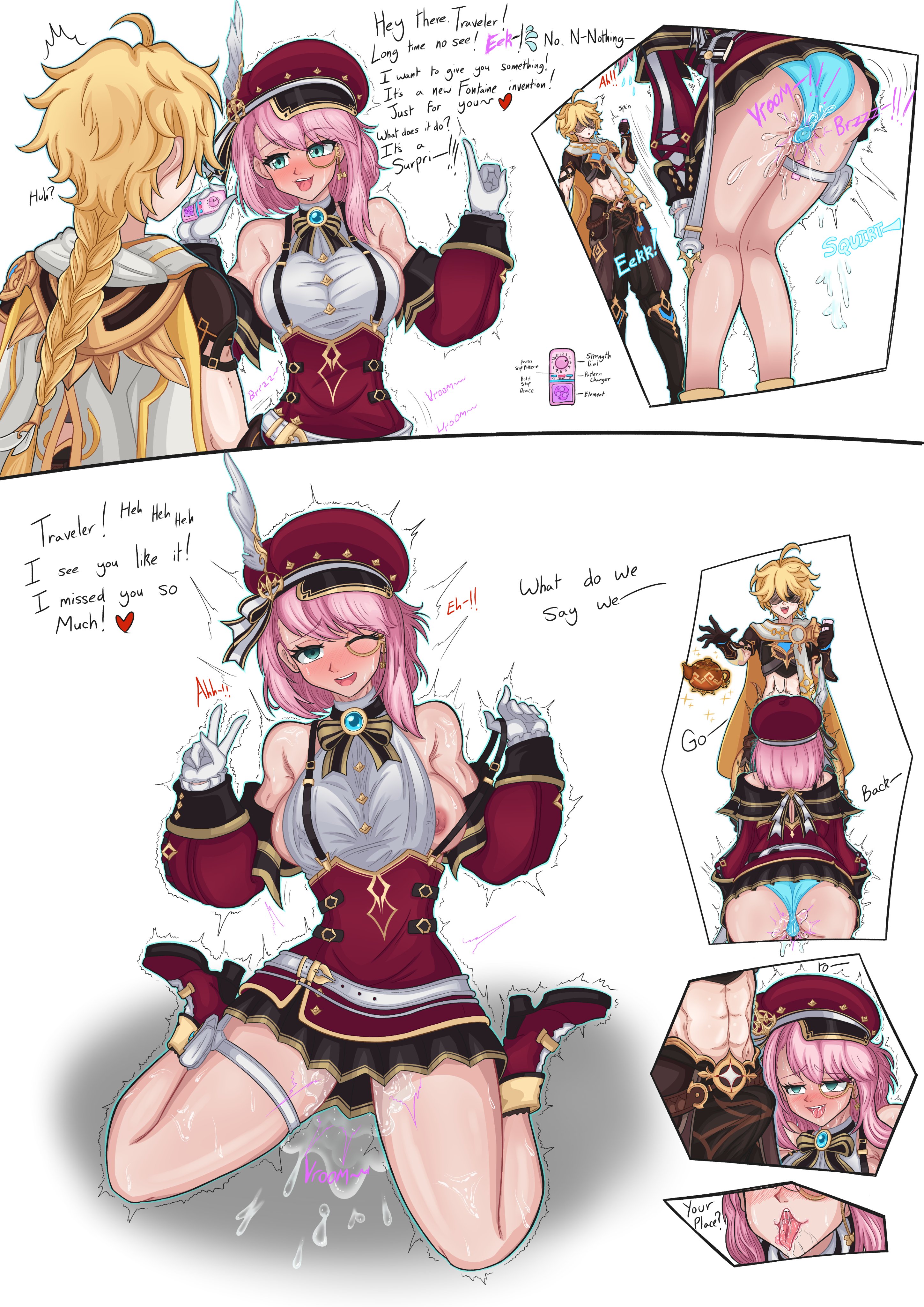 aether (genshin impact), andyl1yart, blonde hair, blue eyes, blue panties, boner in pants, boner under clothes, charlotte (genshin impact), female, female masturbation, female orgasm, genshin impact, hidden vibrator, horny, horny female, nervous smile, orgasm, panties, pink hair, pussy, sweating, tongue, tongue out, vibrator, vibrator in pussy, vibrator under panties, weak legs