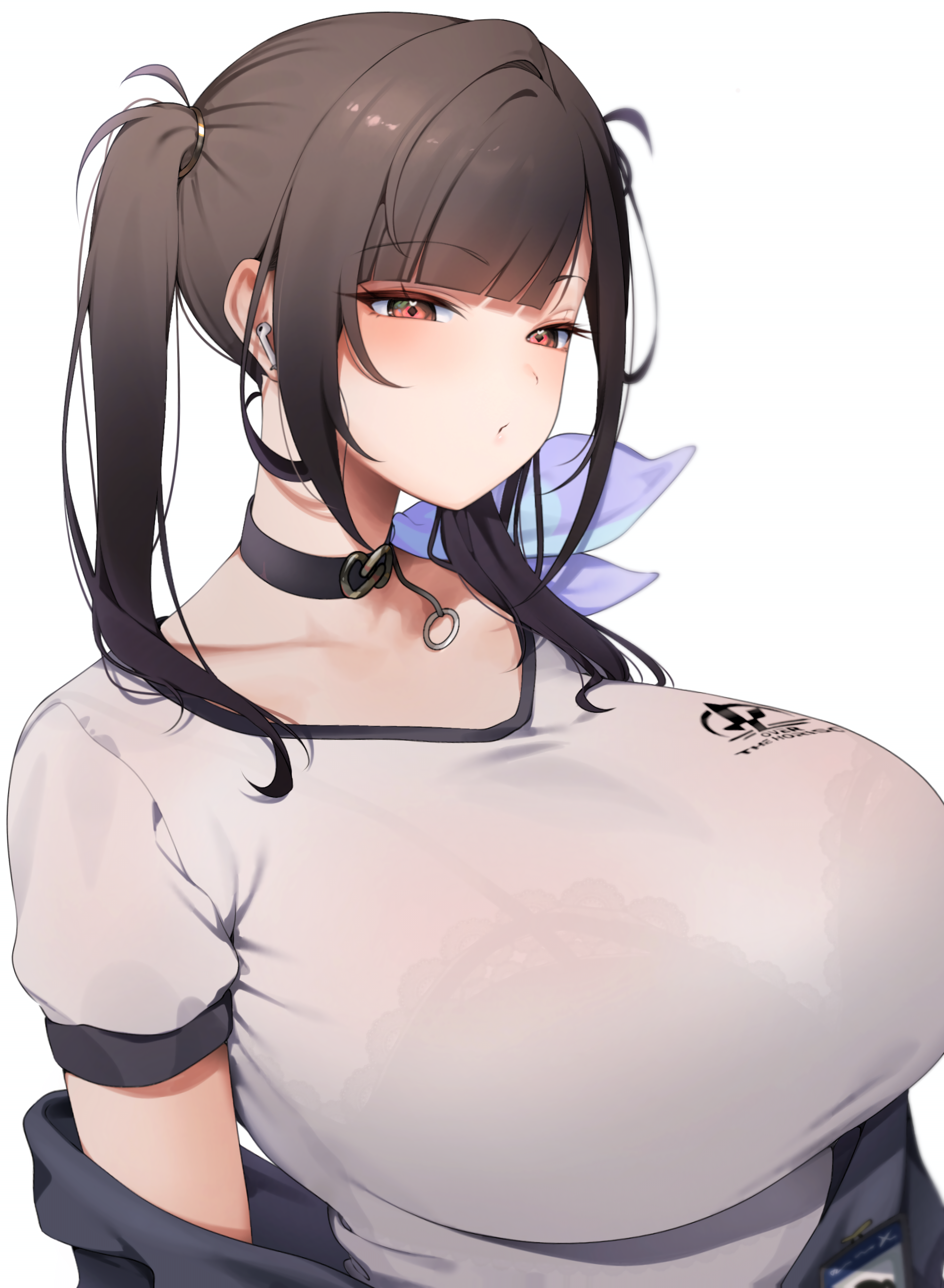 1girls, absurdres, ahoge, arms at sides, black bra, black choker, black hair, black jacket, blunt bangs, bra, bra visible through clothes, breasts, choker, closed mouth, collarbone, commentary, earbuds, earphones, f7k x5, female, goddess of victory: nikke, highres, huge breasts, jacket, lace, lace trim, lace-trimmed bra, long hair, looking ahead, off shoulder, open clothes, open jacket, orange eyes, pendant choker, see-through clothes, see-through shirt, shirt, short sleeves, simple background, solo, sora (nikke), twintails, underwear, upper body, white background, white shirt