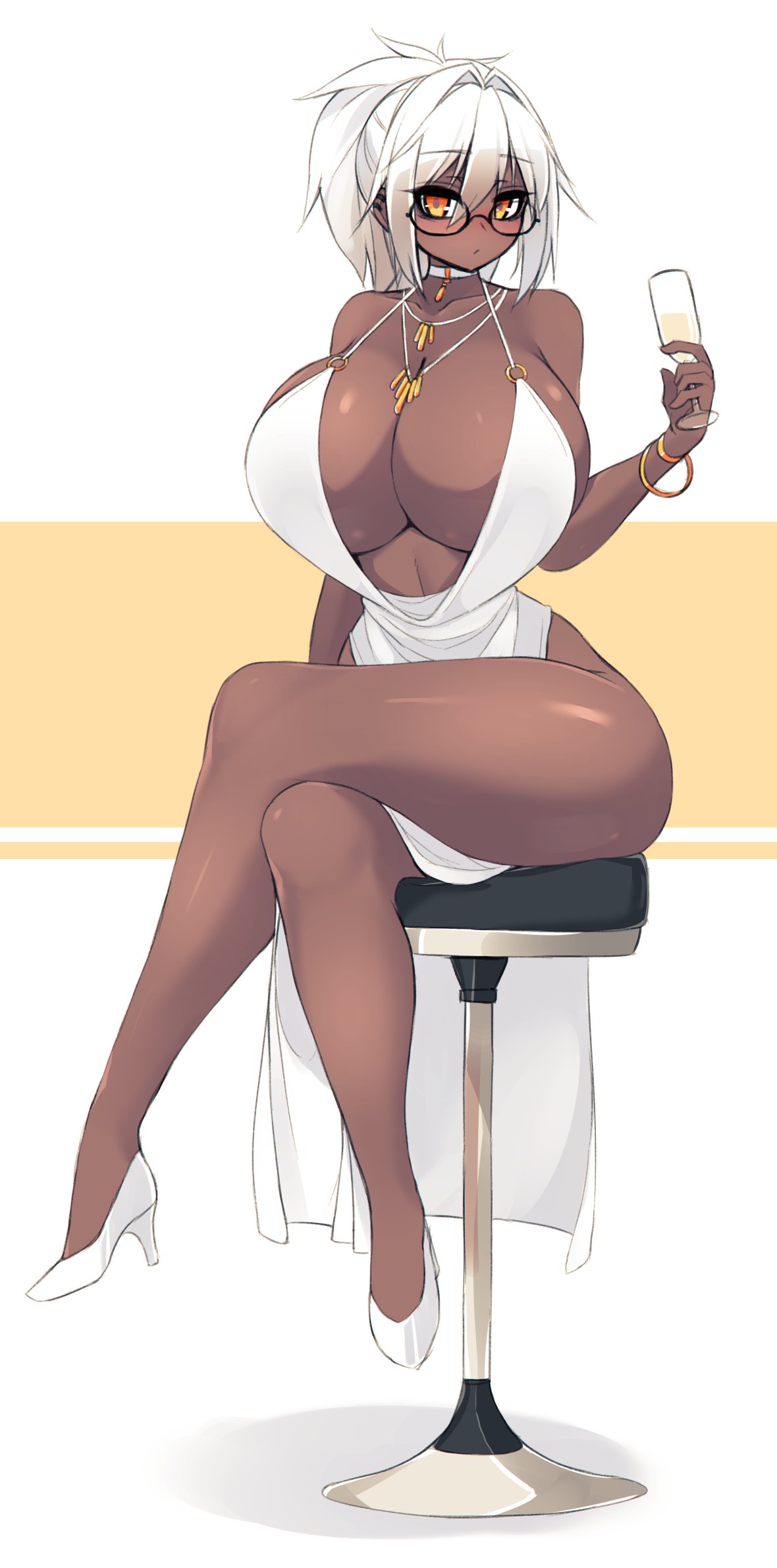 1girls, big breasts, blushing, blushing at viewer, breasts, cleavage, dark skin, dark-skinned female, evening gown, female, female only, glasses, heels, high heels, huge breasts, legs crossed, looking at viewer, megane, orange eyes, original, original character, ponytail, sitting, sitting on stool, solo, solo female, sub-res, thick, thick thighs, thighs, white hair, wine, wine glass
