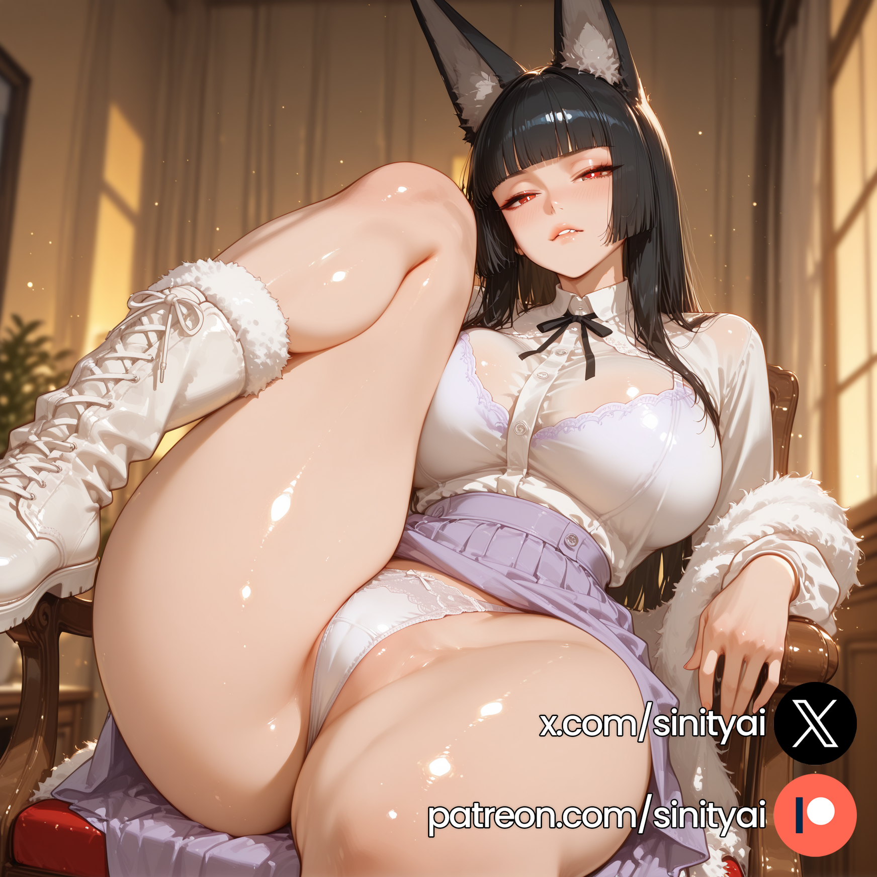 1girls, 2025, ai generated, animal ears, ass, big ass, big breasts, black hair, breasts, female, fringe, furry ears, hi res, high quality, high resolution, highres, hoshimi miyabi, huge ass, huge breasts, huge thighs, long hair, red eyes, sinity, small waist, thick thighs, thin waist, wolf ears, zenless zone zero