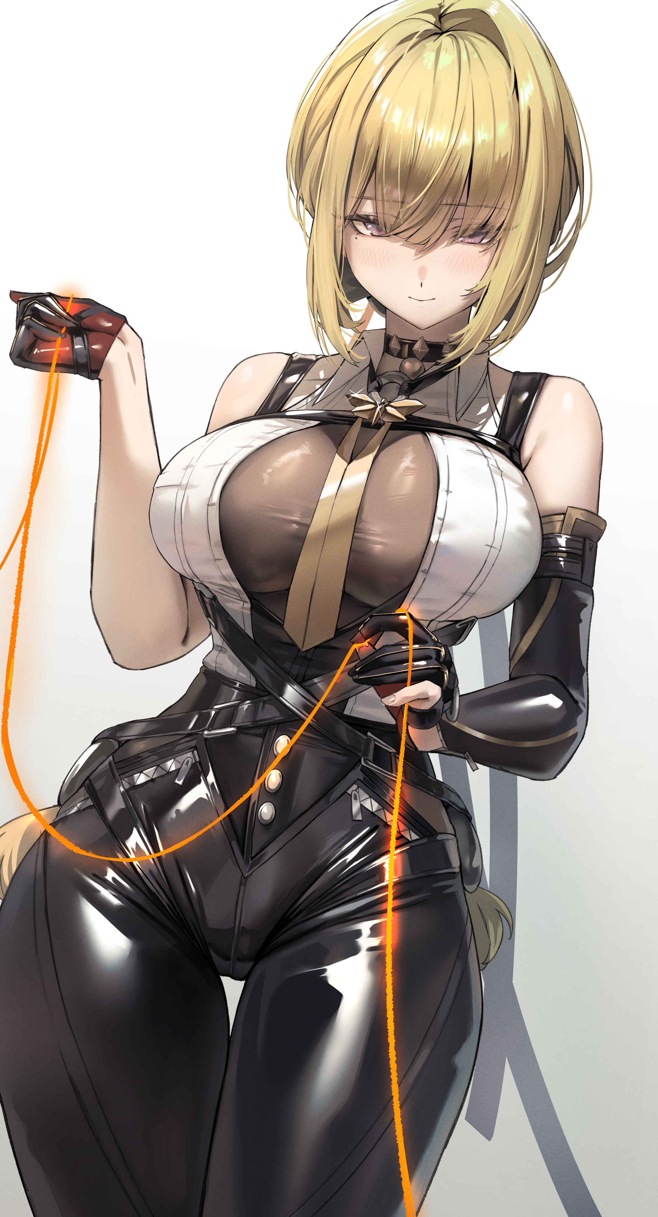 1girls, absurdres, arm strap, bare shoulders, black gloves, black pants, blonde hair, breasts, chest harness, closed mouth, commentary, elbow gloves, evelyn chevalier, female, fingerless gloves, gloves, grey eyes, hair intakes, half gloves, harness, high-waist pants, highres, jindogod, large breasts, latex pants, light blush, long hair, looking at viewer, mole, mole under eye, pants, shirt, simple background, single elbow glove, single fingerless glove, single half glove, sleeveless, smile, solo, thigh gap, tight clothes, tight pants, white background, white shirt, zenless zone zero