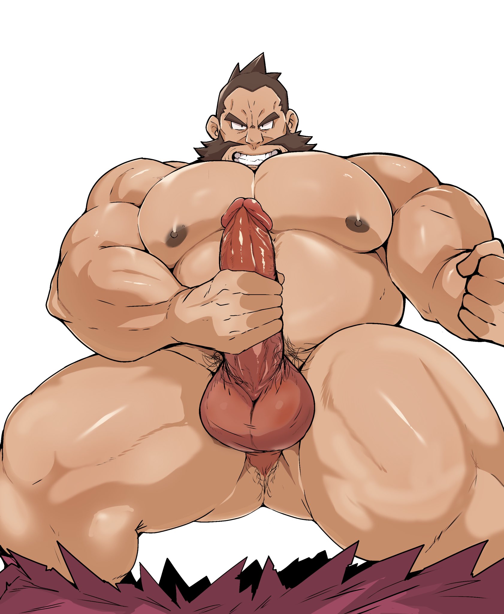 balls, bara, beard, big penis, boner, chuck (pokemon), erection, facial hair, kaeru333938123, male, male only, masturbation, muscles, muscular, nintendo, nude, penis, pokemon, solo, solo male, yaoi