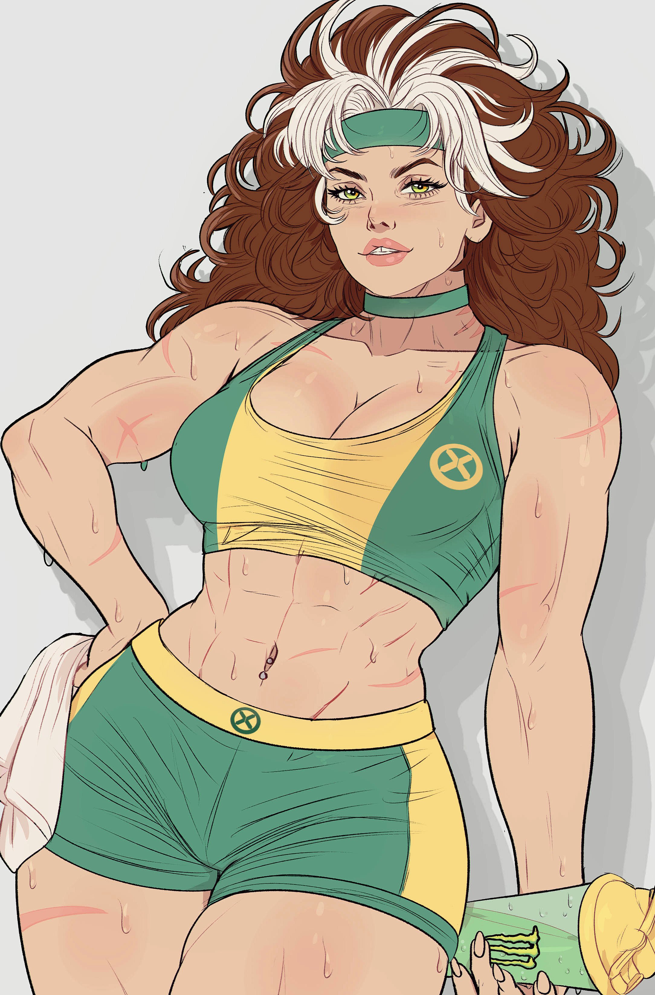 1girls, anna marie, breasts, brown hair, busty, choker, cleavage, female, green eyes, gym clothes, headband, marvel, marvel comics, muscular, muscular female, rogue (x-men), scars, sweat, tight clothing, white streak, x-men, yoracrab