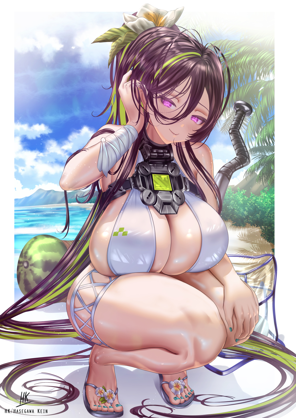1girls, bad feet, baseball bat, bikini, black hair, breasts, cleavage, crushed, female, flip-flops, flower, food, fruit, goddess of victory: nikke, green hair, guilty (nikke), guilty (wave of disbelief) (nikke), hair between eyes, hair flower, hair ornament, highres, huge breasts, kein hasegawa, long hair, metal baseball bat, multicolored hair, nail polish, official alternate costume, purple eyes, sandals, swimsuit, thighs, toenail polish, toenails, toes, two-tone hair, watermelon, white bikini