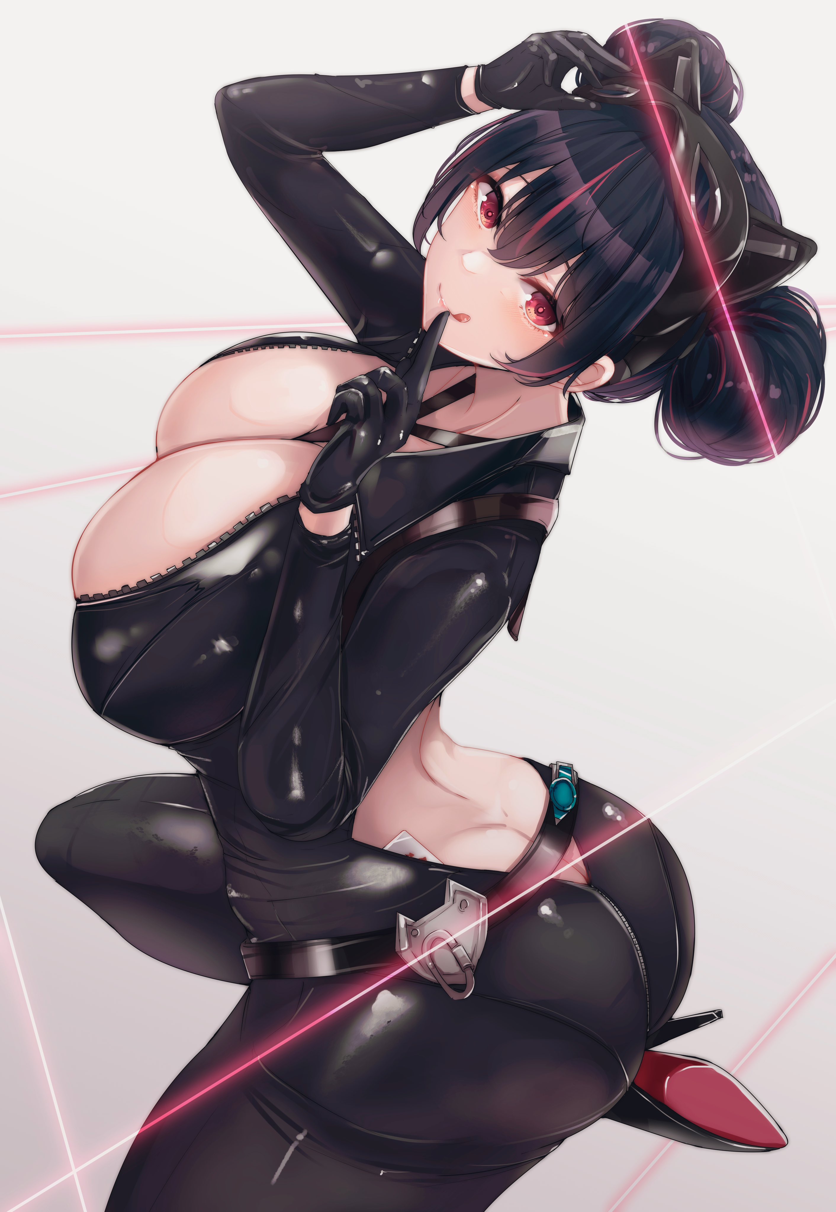 absurdres, ass, ass crack, back cutout, black bodysuit, bodysuit, breasts, butt crack, catsuit, cleavage, clothing cutout, curvy, female, gloves, goddess of victory: nikke, hair bun, high heels, highres, huge ass, huge breasts, naughty face, quency (escape queen) (nikke), quency (nikke), ryuu., shiny clothes, shiny skin, solo, tongue, tongue out, wide hips