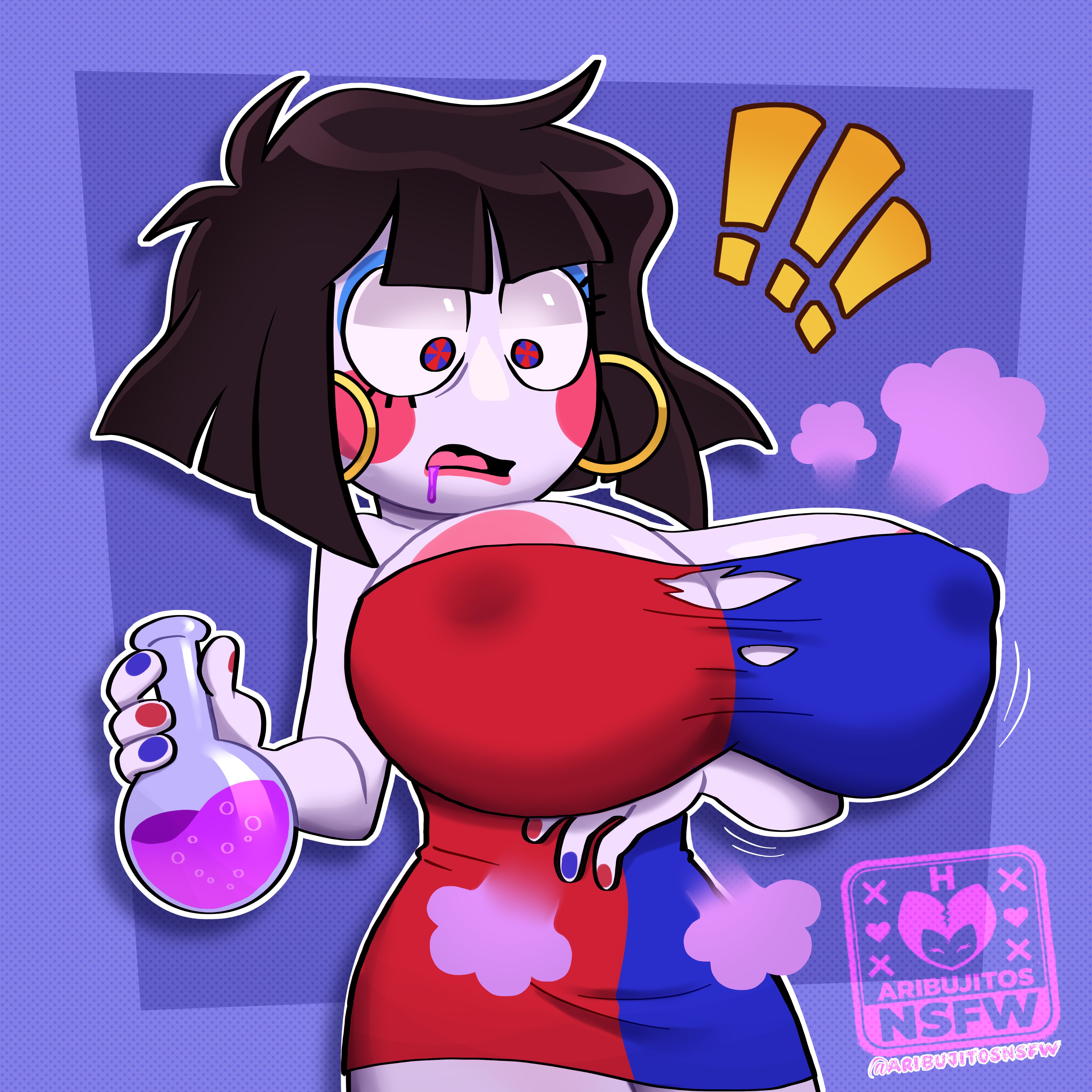1girls, ari dibujitos, aribujitosnsfw, big breasts, bimbofication, breast expansion, breasts, breasts bigger than head, clothing, female, female only, glitch productions, huge breasts, hypnosis, jester, jester girl, large breasts, nipples, open mouth, pomni (the amazing digital circus), potion, solo, the amazing digital circus, tongue