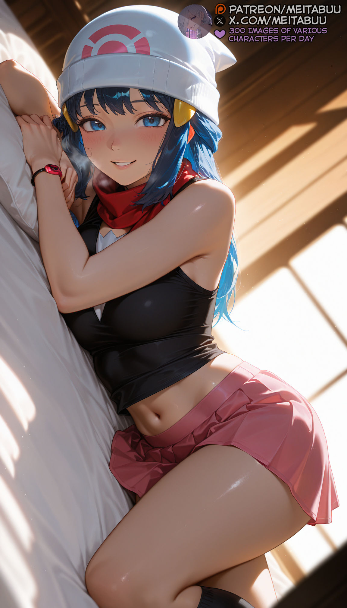 1girls ai_generated bare_shoulders beanie bed_sheet black_shirt black_socks blue_eyes blue_hair blush breasts dawn_(pokemon) grin hair_ornament hairclip hat indoors jewelry kneehighs large_breasts long_hair looking_at_viewer lying medium_breasts meitabuu midriff miniskirt navel on_bed on_side parted_lips patreon_username pillow pink_skirt poke_ball_printdawn_(pokemon) pokemon pokemon_(anime) pokemon_dppt pokemon_journeys pokemon_rgby pokemon_xy red_scarf scarf shirt skirt sleeveless sleeveless_shirt smile socks solo stomach thighs watch white_headwear wristwatch