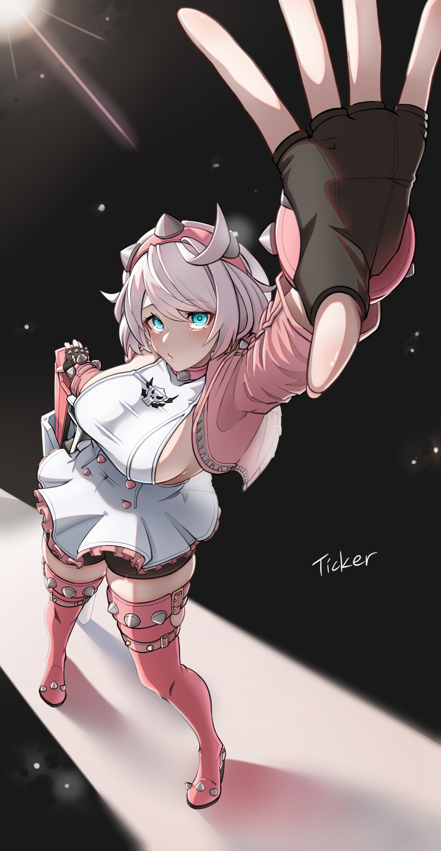 1girls, absurdres, arm up, big breasts, black background, black gloves, black shorts, blue eyes, boots, breasts, commentary, dress, elphelt valentine, female, fingerless gloves, foreshortening, gloves, guilty gear, guilty gear strive, highres, jacket, large breasts, long sleeves, microdress, pink boots, pink jacket, pink thighhighs, short dress, short hair, short shorts, shorts, shorts under dress, sideboob, sideless dress, sleeveless, sleeveless dress, solo, solo female, standing, thighhighs, thighs, ticker (kks2ksy), white dress, white hair