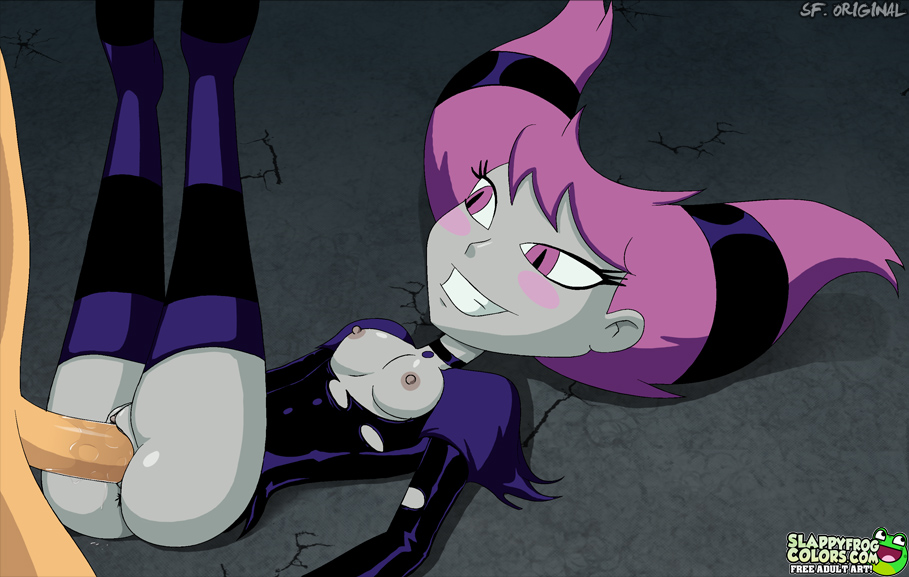 1boy, 1girls, breasts, clitoris, dc, dc comics, erect clitoris, female, goth, grey skin, jinx (dc), male, partial male, pussy, sex, slappyfrog, striped legwear, teen titans, twintails, vaginal penetration