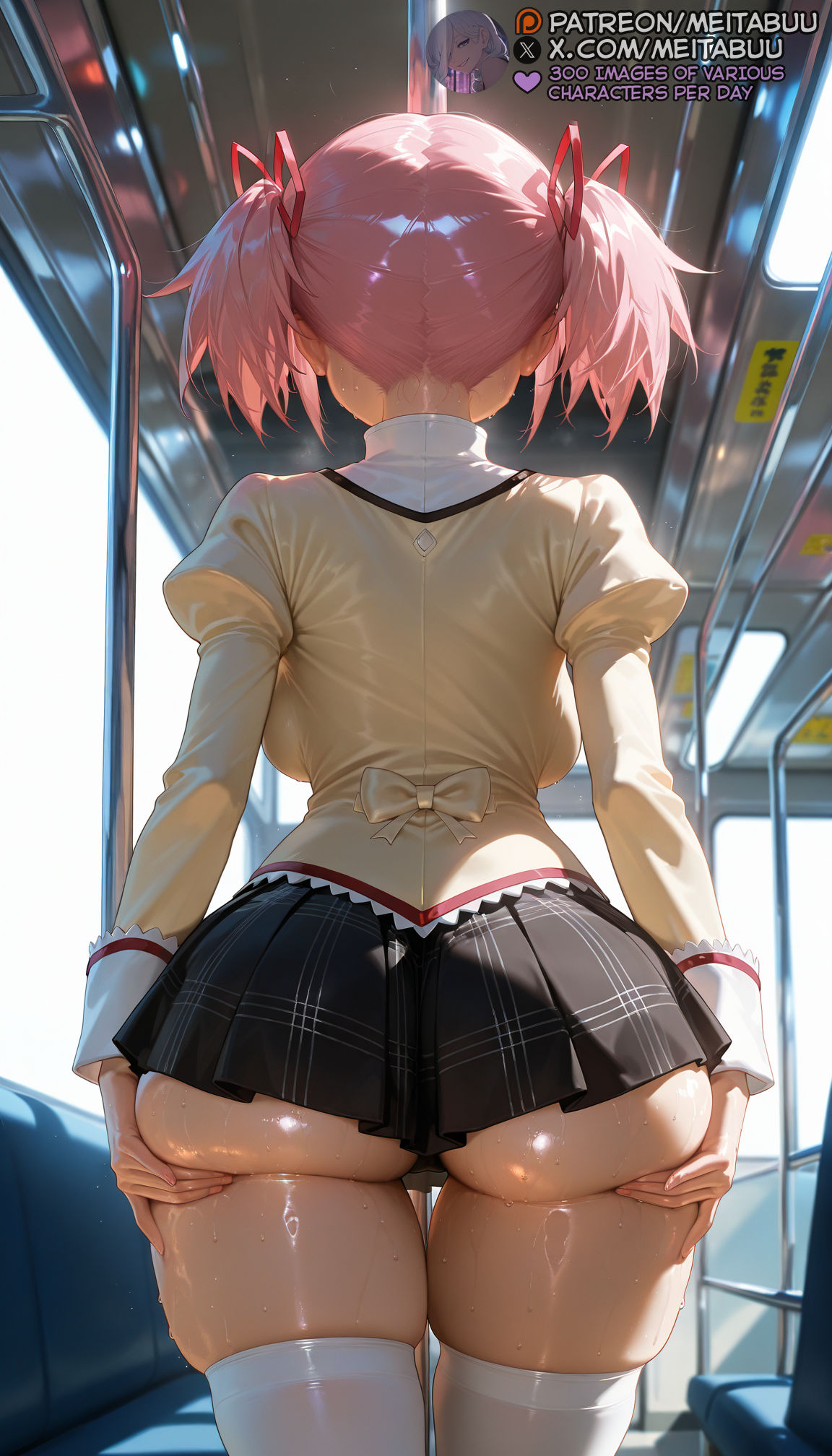 1girls, ai generated, ass, ass focus, ass grab, ass support, back, back bow, backboob, black panties, black skirt, bow, breasts, deep skin, facing away, female, from behind, grabbing own ass, hair ribbon, hands on ass, hands on own ass, huge ass, jacket, juliet sleeves, kaname madoka, large breasts, long sleeves, mahou shoujo madoka magica, median furrow, meitabuu, microskirt, miniskirt, mitakihara school uniform, panties, pink hair, plaid, plaid skirt, pleated skirt, public indecency, puella magi madoka magica, puffy sleeves, red ribbon, ribbon, school uniform, shiny skin, shirt, short hair, short twintails, skindentation, skirt, solo, standing, sweat, thick thighs, thigh gap, thighhighs, thighs, train interior, twintails, underbuttmadoka kaname, underwear, white thighhighs, yellow jacket