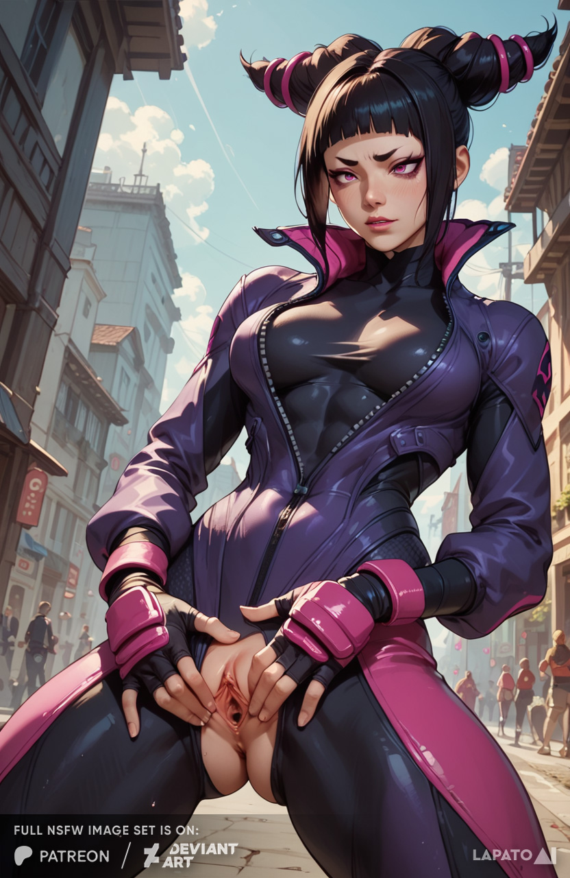 1girls ai_generated artist_name bangs black_hair blunt_bangs bodysuit breasts clitoris day deviantart female fingerless_gloves gloves hair_horns juri_han lapato-ai lips looking_at_viewer outdoors patreon purple_eyes pussy skin_tight solo solo_focus spread_pussy street_fighter torn_clothes uncensored