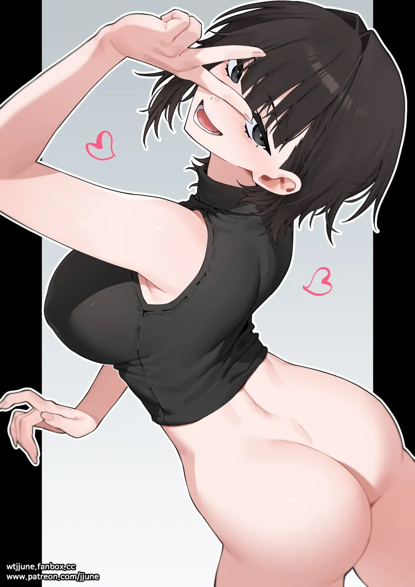 1girls, ass, bangs, big breasts, black hair, breasts, color, heart, jjune, large breasts, light-skinned female, no panties, no pants, open mouth, peace sign, tagme, turtleneck