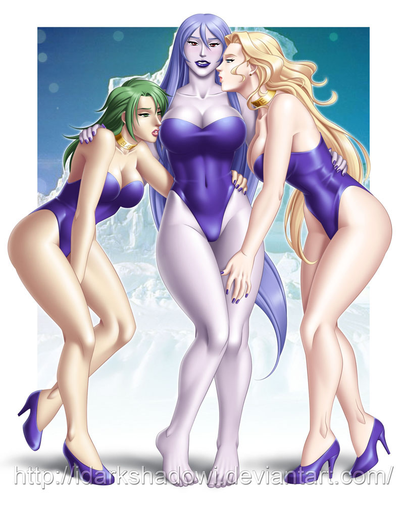 3girls blonde_hair blue_hair blue_skin corrupted corruption cosmos_(dissidia_final_fantasy) dissidia_final_fantasy fair-skinned_female fair_skin female final_fantasy final_fantasy_iv final_fantasy_vii green_hair high_heels hypnosis hypnotized leotard light-skinned_female light_skin mind_control rydia snow_(ff7) snow_witch snow_witch_(ff7) strapless_leotard thedarkness