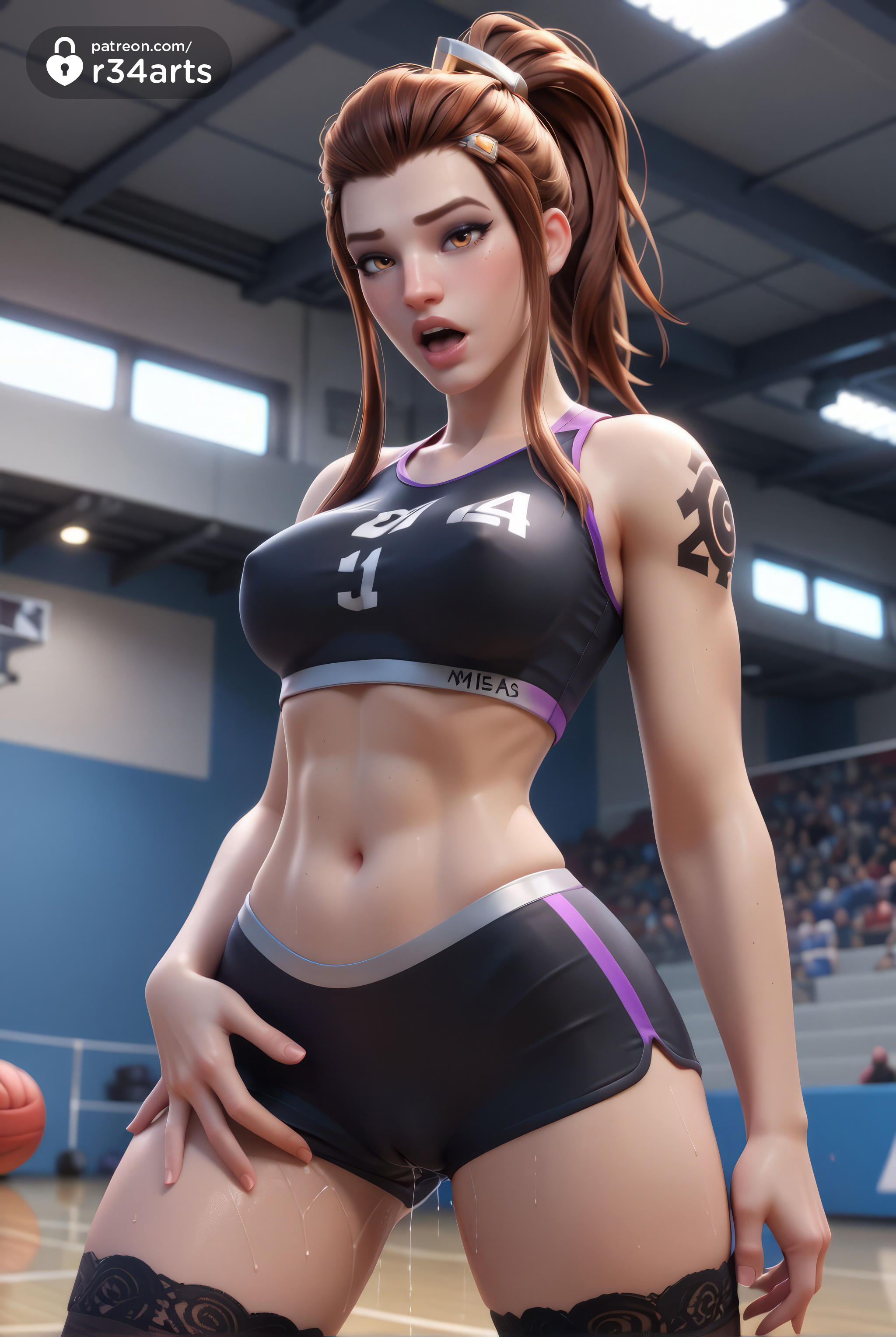 1girls, abs, ai generated, artist name, ass visible through thighs, ball, black thighhighs, blizzard entertainment, breasts, brigitte, brigitte lindholm, brown eyes, brown hair, cameltoe, covered nipples, crop top, female, freckles, gym, hair ornament, hair pulled back, hi res, indoors, lips, long hair, looking at viewer, medium breasts, midriff, navel, open mouth, overwatch, overwatch 2, parted lips, patreon username, ponytail, pussy, pussy juice, pussy juice drip through clothes, r34arts, short shorts, shorts, shoulder tattoo, solo, sports bra, sweat, tattoo, thighhighs, toned