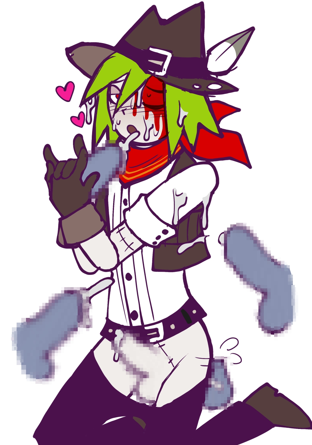accurate_art_style blood_on_face censored cowboy cum cum_in_ass digital_media_(artwork) dull_(funamusea) funamusea gay green_hair heart male/male multi_genitalia penis_in_ass unknown_male