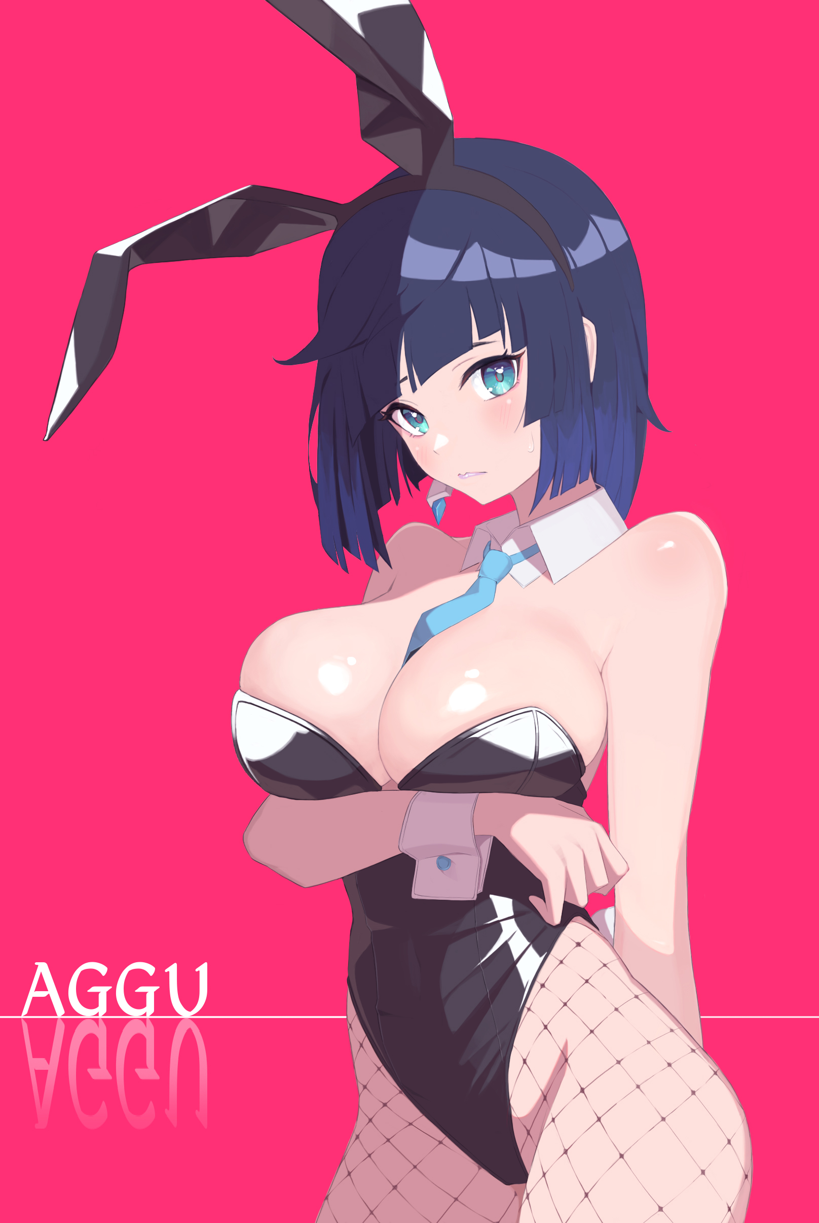 1girls, absurdres, aqua necktie, arm behind back, bare arms, bare shoulders, between breasts, black leotard, blue hair, bob cut, breast hold, breasts, bunny ears, bunny tail, bunnysuit, closed mouth, commentary request, constricted pupils, cowboy shot, detached collar, diagonal bangs, dori (choejeongmin7), dot nose, female, fishnets, frown, genshin impact, green eyes, highleg, highleg leotard, highres, large breasts, leotard, looking at viewer, necktie, necktie between breasts, parted lips, playboy bunny, red background, shadow, shiny clothes, shiny skin, short hair, simple background, solo, strapless, strapless leotard, sweat, teeth, yelan (genshin impact)