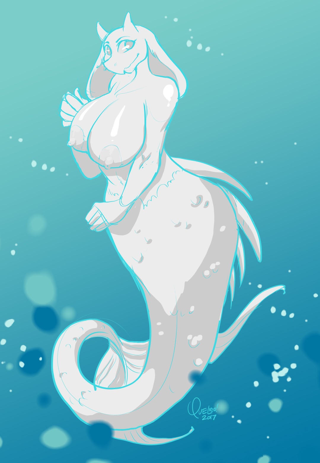 1girls alternate_species areola big_breasts boss_monster_(undertale) bovid breasts bubble caprine female fin fur hi_res horn huge_breasts hybrid long_ears looking_at_viewer mammal marine merfolk monochrome non-mammal_breasts nude quelico scales simple_background sketch smile solo split_form tail tail_fin teal_background toriel undertale undertale_(series) underwater water