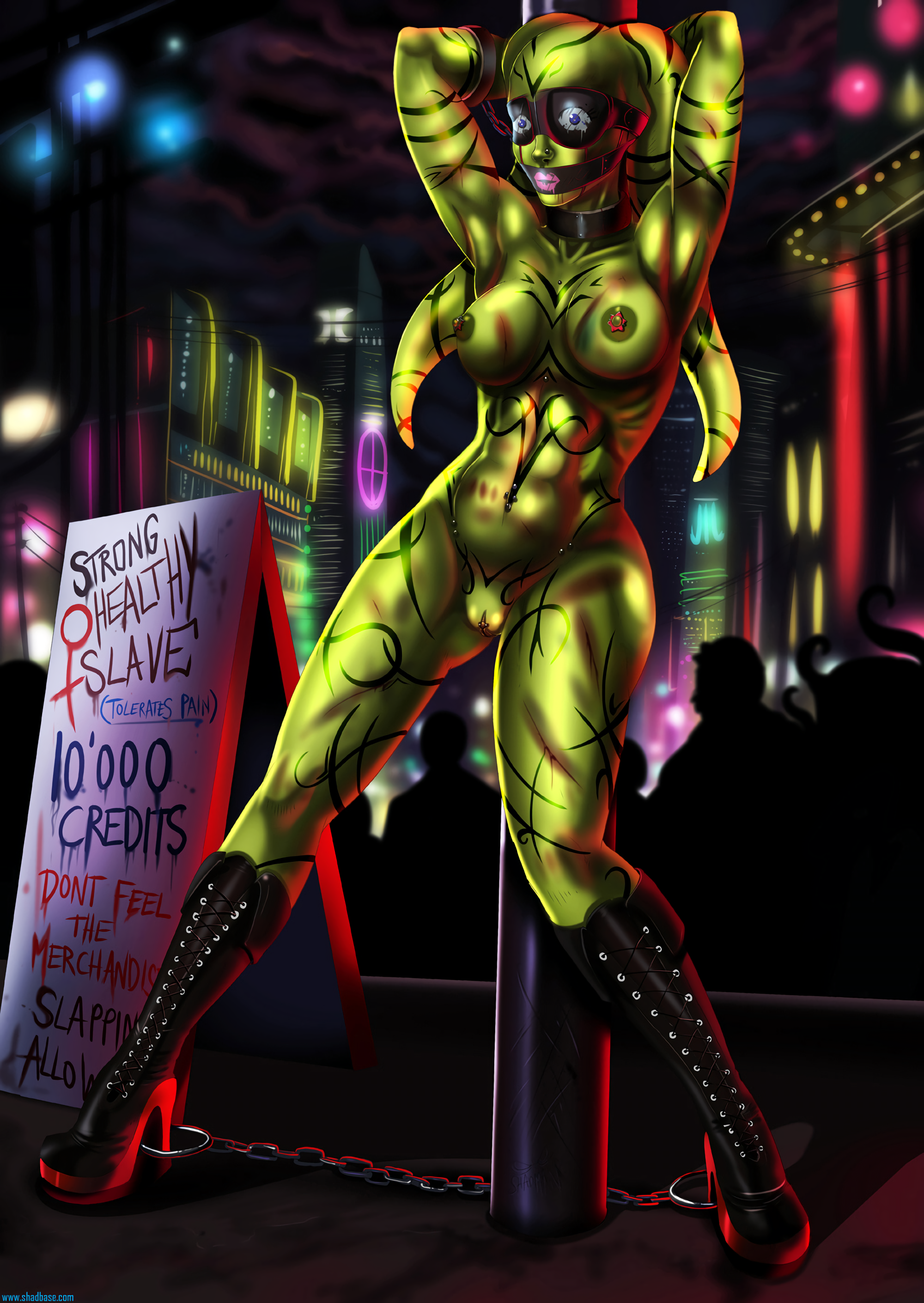 1girls, abs, alien, alien girl, areolae, arms behind head, bdsm, bioware, bondage, boots, breasts, chains, city, clitoris, clitoris piercing, clouds, collar, coruscant, disney, female, fey'ala, gag, gagged, green skin, high heel boots, high heels, labia piercing, large breasts, lekku, lucasfilm, mascara, navel piercing, night, nipples, nose piercing, nude, original character, outdoors, piercing, pole, poster, public, purple eyes, pussy, shackles, shadman, sith, slave, solo, standing, star wars, star wars: the old republic, tattoo, twi'lek