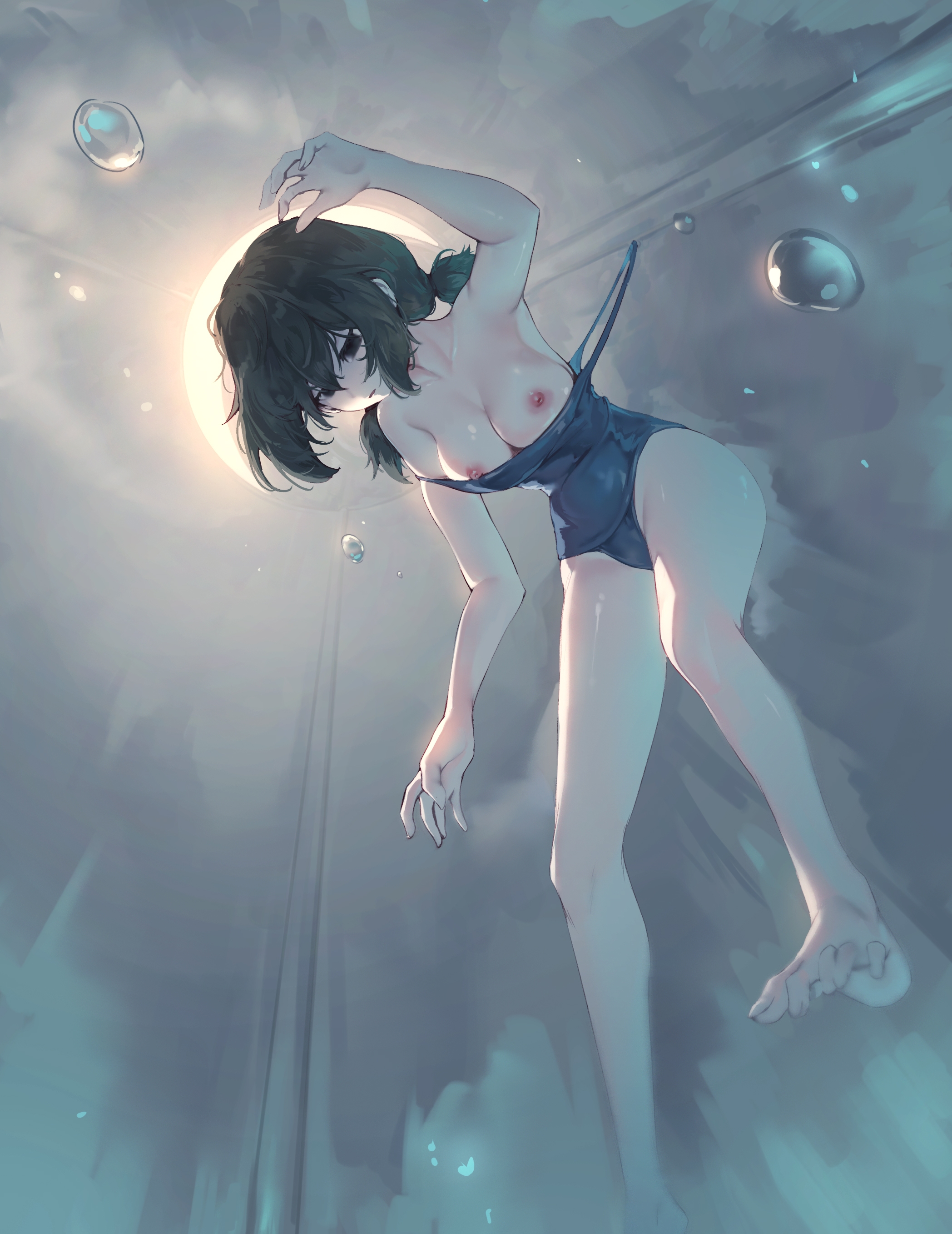 asphyxiation, big breasts, black eyes, black hair, breasts, breasts out, corpse, death, drowned, drowning, empty eyes, female, female death, female only, nipples, one-piece swimsuit, rou (rou22), school swimsuit, solo, solo female, swimsuit, underwater, wardrobe malfunction