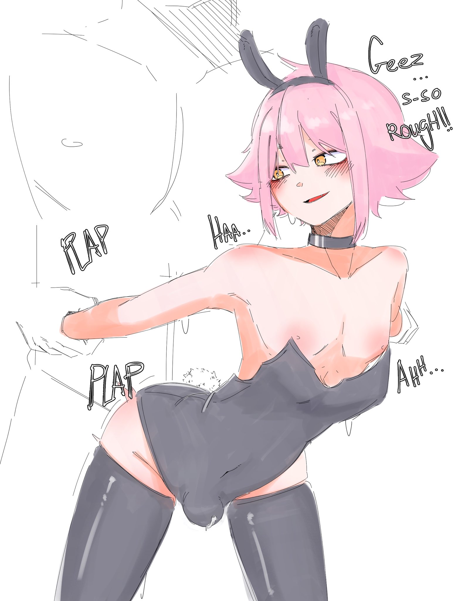 blush, bunny ears, bunnysuit, choker, crumblestodust, femboy, from behind, light skin, light-skinned femboy, mako, male, oc, pink hair, yellow eyes