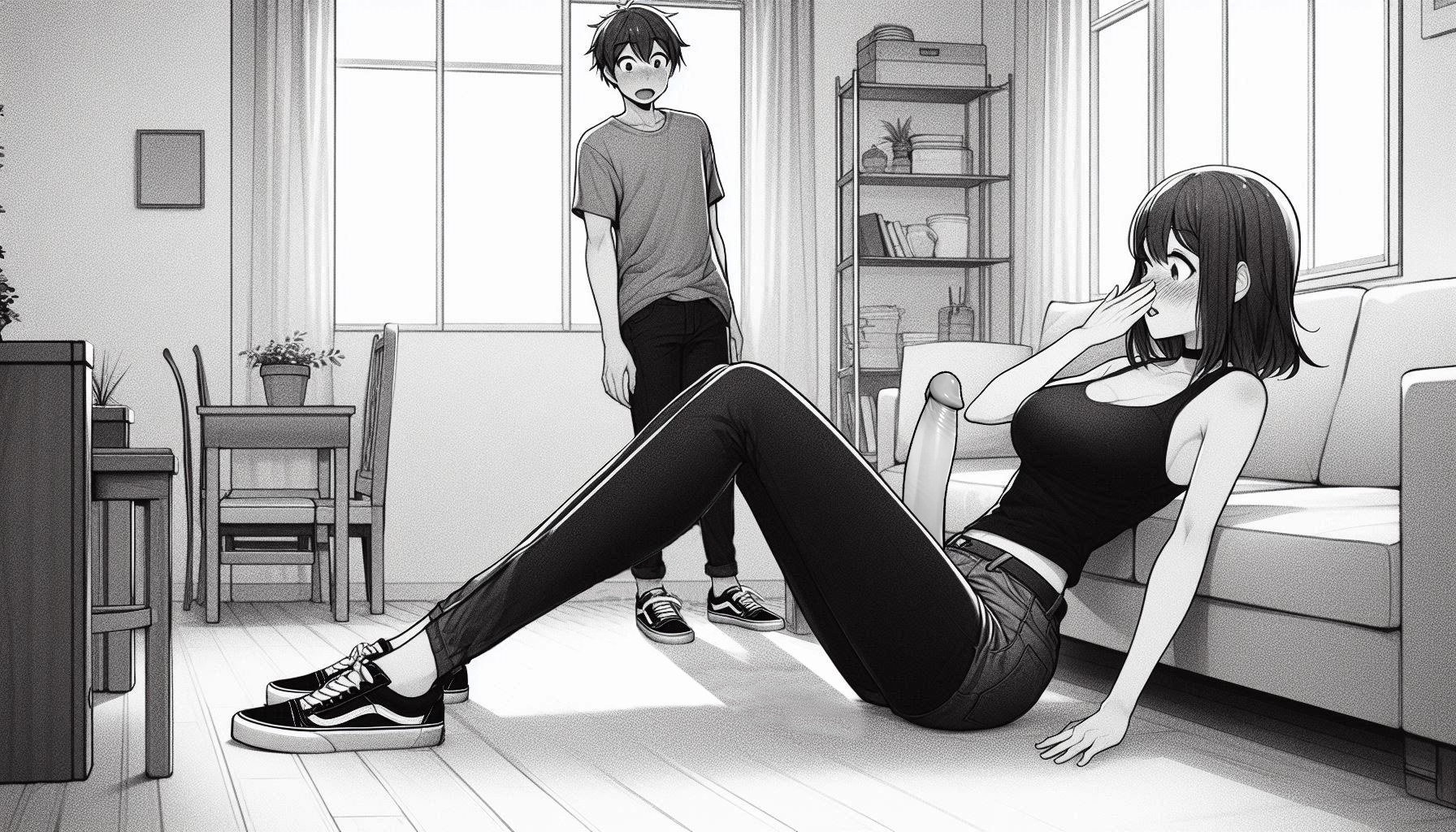 ai generated, big penis, black and white, blush, choker, clothed, clothing, female, futa is bigger, futadom, futanari, giantess, huge cock, intersex, larger female, larger futa, laying down, light skin, light-skinned futa, light-skinned male, male, monochrome, penis, size difference, smaller male, spalela, surprised, surprised expression, tank top, vans