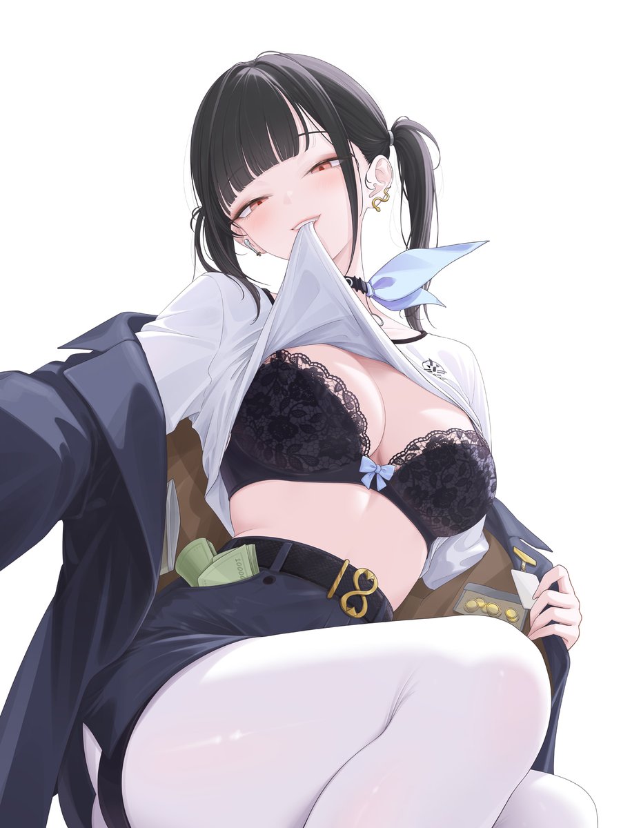 1girls, black bra, black choker, black hair, blue jacket, blue skirt, bra, breasts, choker, cleavage, clothes in mouth, clothes lift, commentary request, earrings, female, goddess of victory: nikke, highres, jacket, jewelry, korean commentary, lifting own clothes, looking at viewer, midriff, money, myomomoo, pantyhose, red eyes, shirt, shirt lift, simple background, skirt, solo, sora (nikke), twintails, underwear, white background, white pantyhose, white shirt