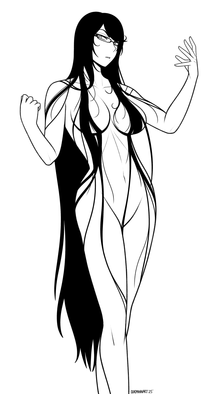 1girls, bayonetta, bayonetta (character), breasts, completely nude, female, hair covering breasts, monochrome, nude, solo, solo female, tagme, walkingdeadmann